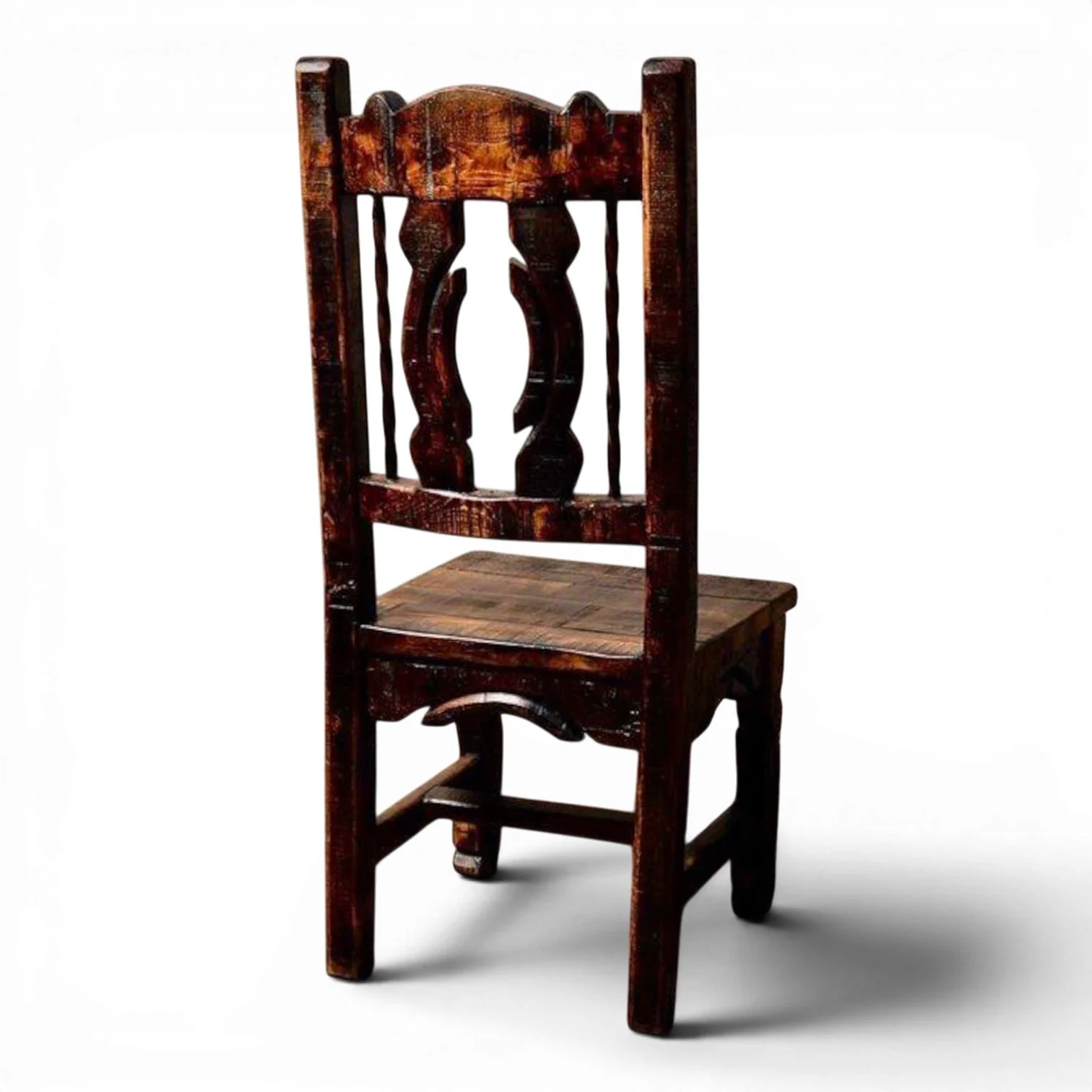 San Juanito handcrafted Mexican reclaimed wood dining chair with Western yoke-style back and twisted iron accents