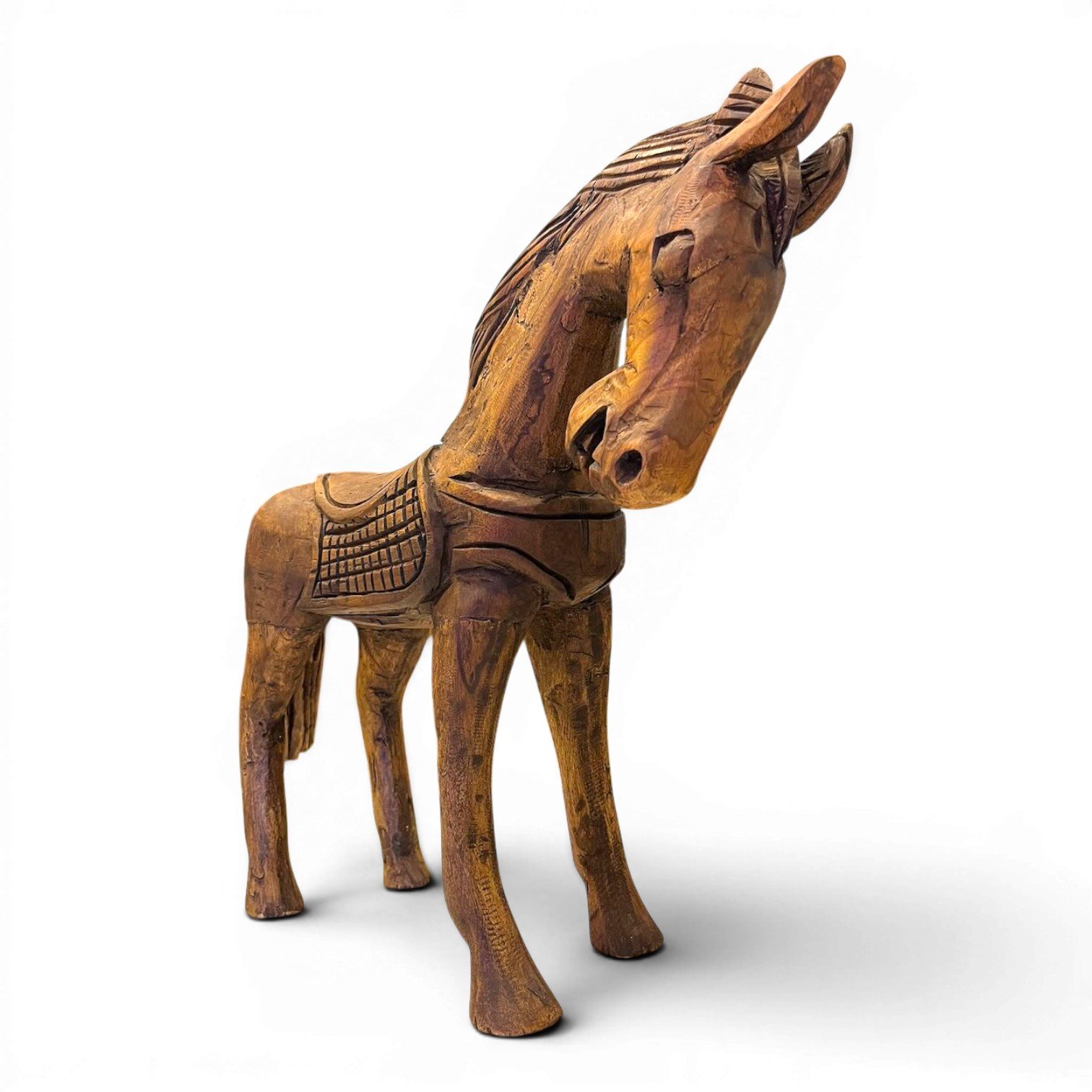 Handmade Mexican hand-carved wood horse sculpture featuring a rich dark finish and classic standing pose, perfect for rustic and Western décor.