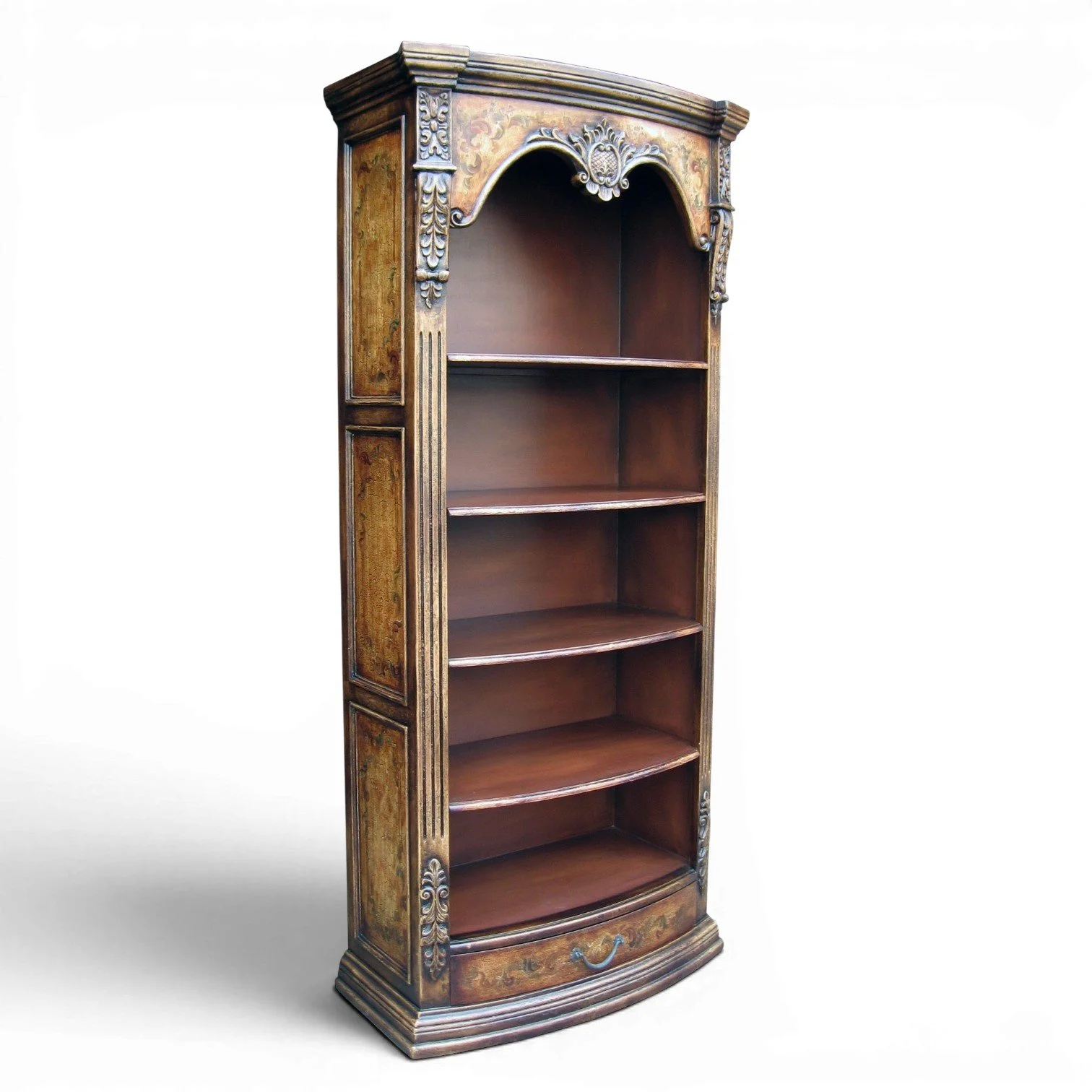 Manzanita Peruvian bookcase with hand-painted finish, carved wood details, five shelves, iron hardware, and lower storage drawer.