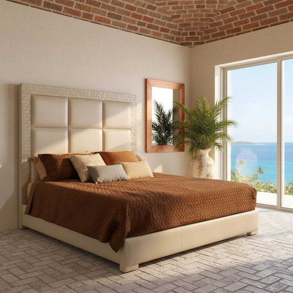 Handmade king bed with oversized leather headboard and woven leather border