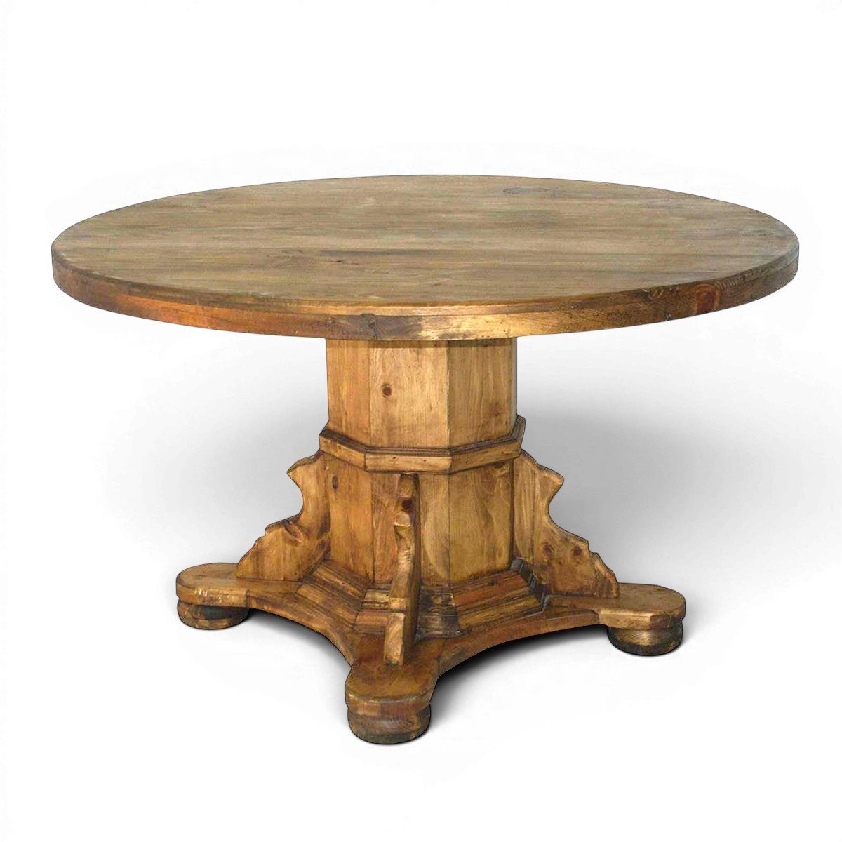Vallarta Redonda handmade Mexican round solid pine dining table with a thick pedestal base and natural honey stained finish.