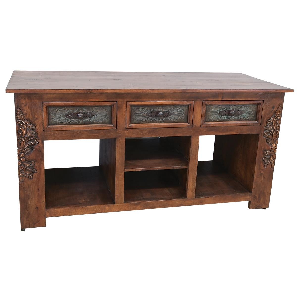 Tatum hand carved solid wood kitchen island handmade in Mexico with dark stained finish, iron hardware, three drawers, and open storage.