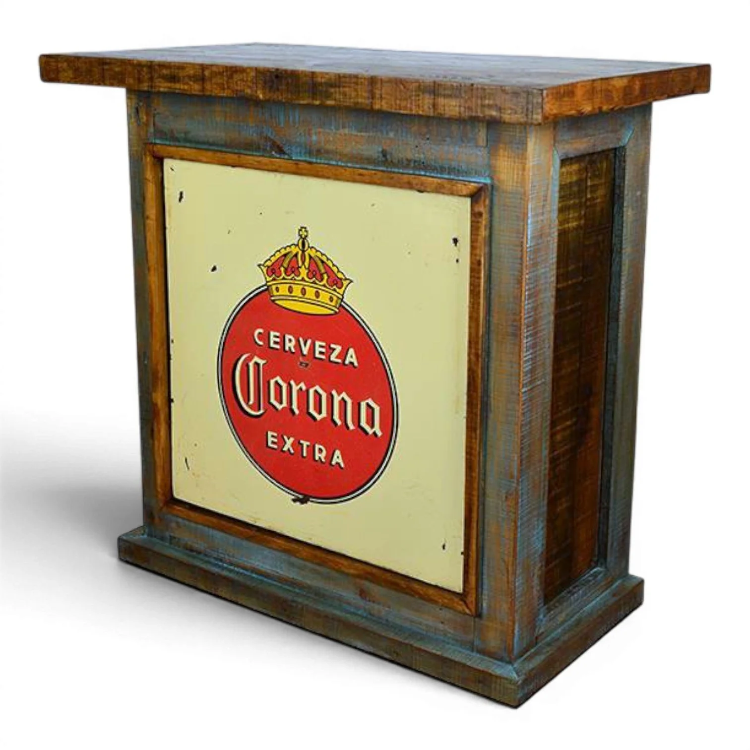 Handmade Vintage Corona enamel panel bar with distressed rustic finish and authentic Mexican cantina style.