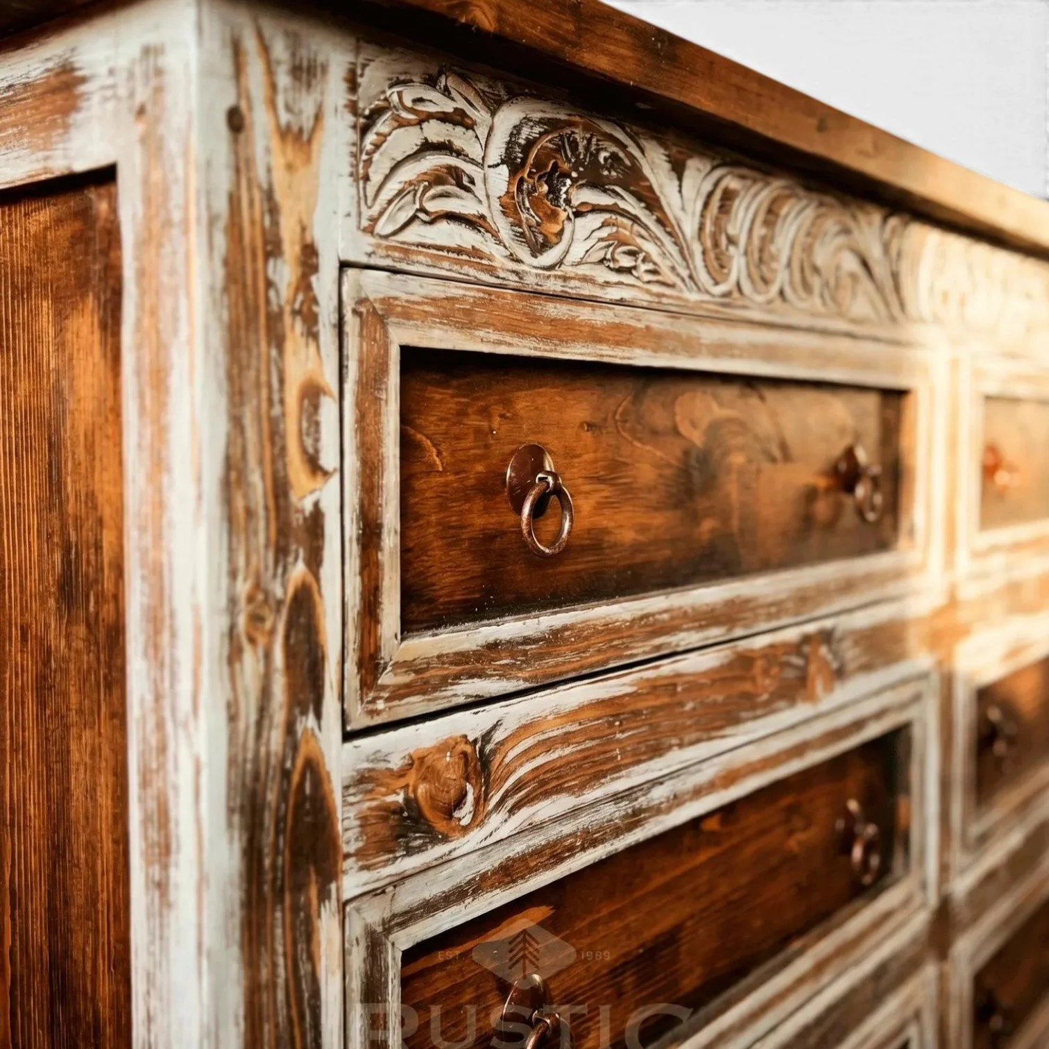 Las Conchas handcrafted Mexican reclaimed wood dresser with white wash finish and hand-carved details