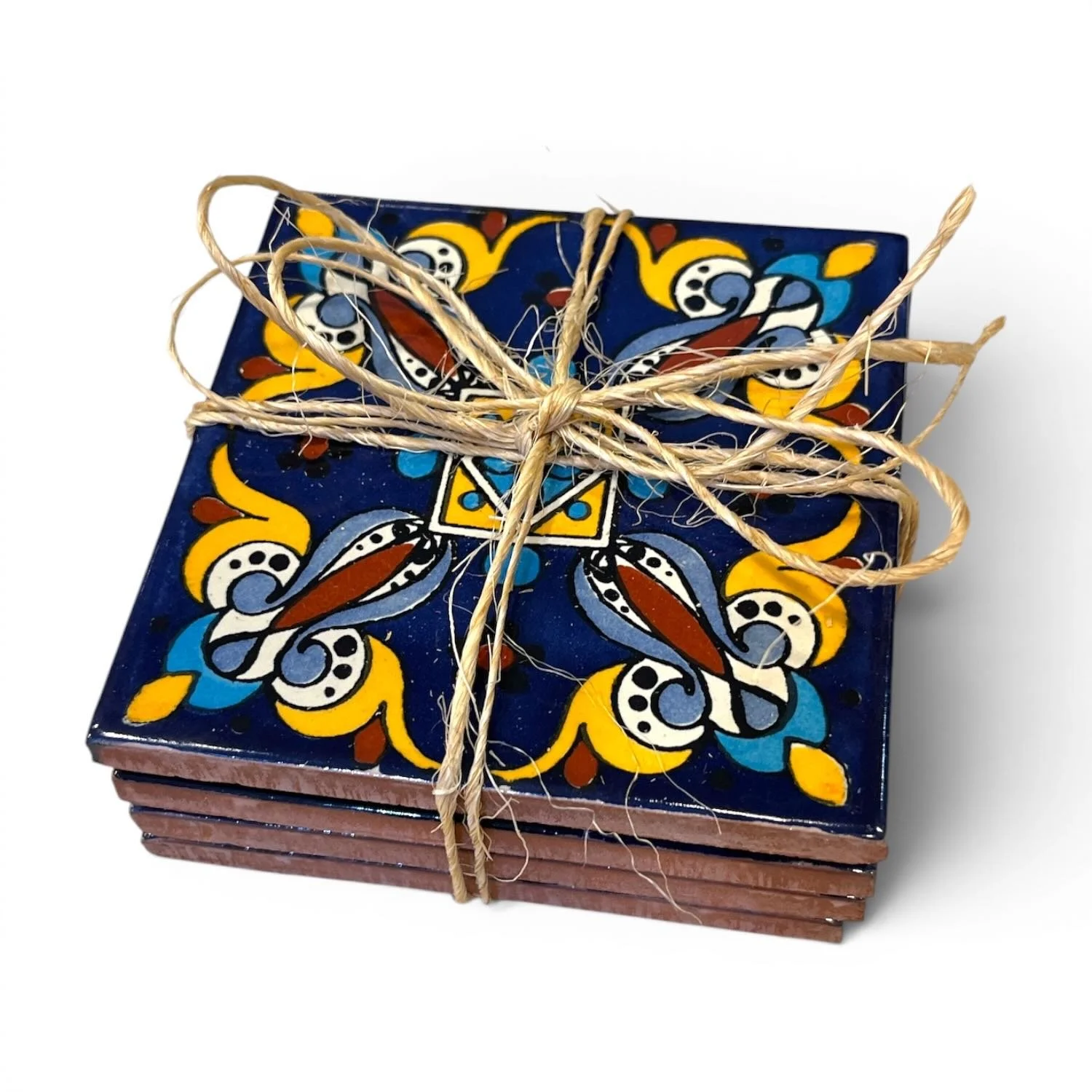 Handmade Talavera tile coaster set from Mexico featuring four colorful ceramic coasters with protective rubber bumpers.