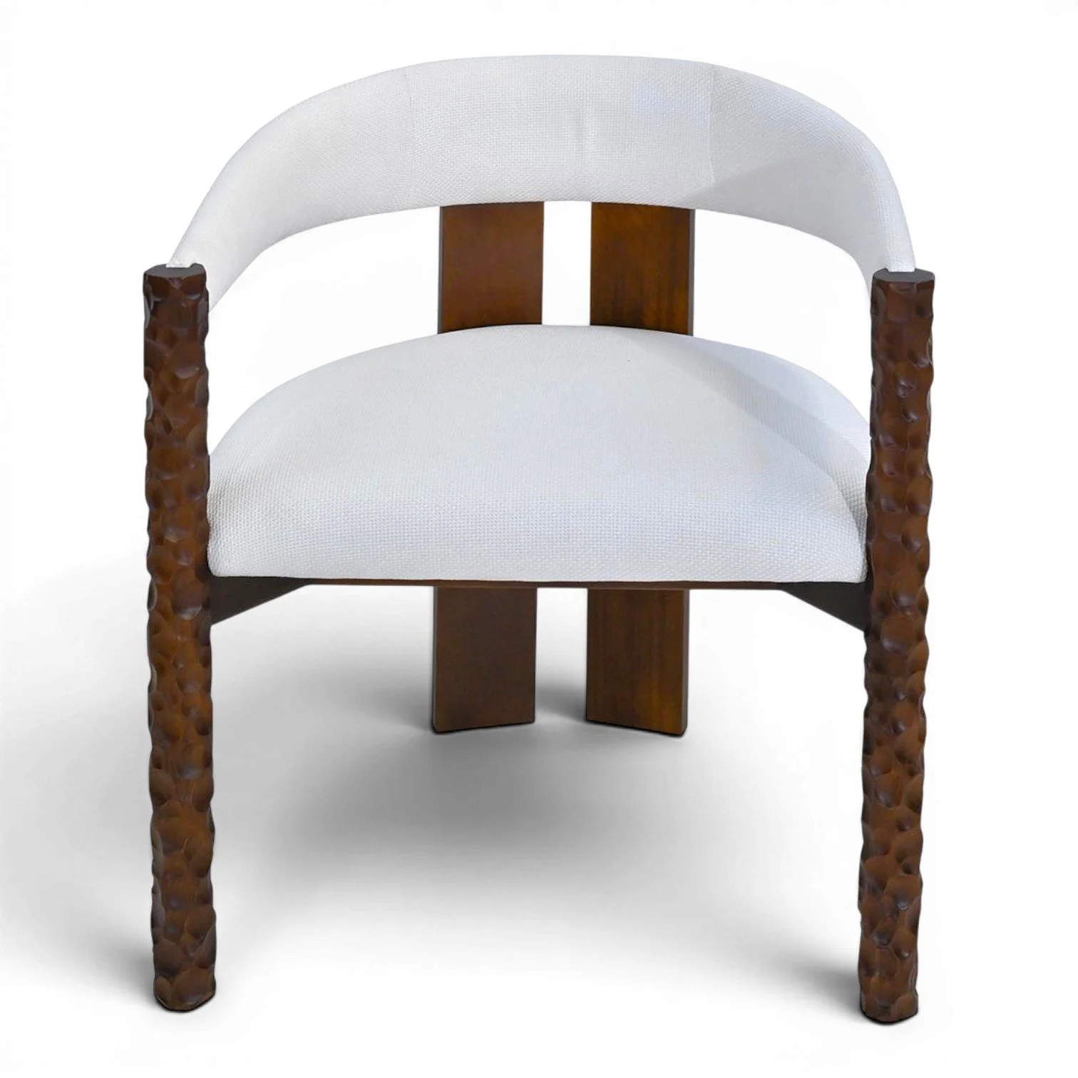 Handmade Mexican coastal dining chair with white upholstery and dark stained wood