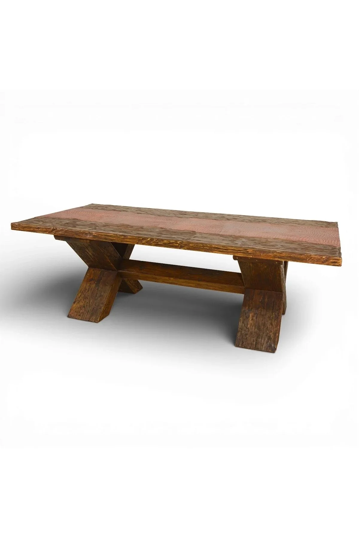 Shop a handmade leather dining table from Mexico. Rustic wood table with crocodile-embossed leather insert, perfect for luxury dining spaces.