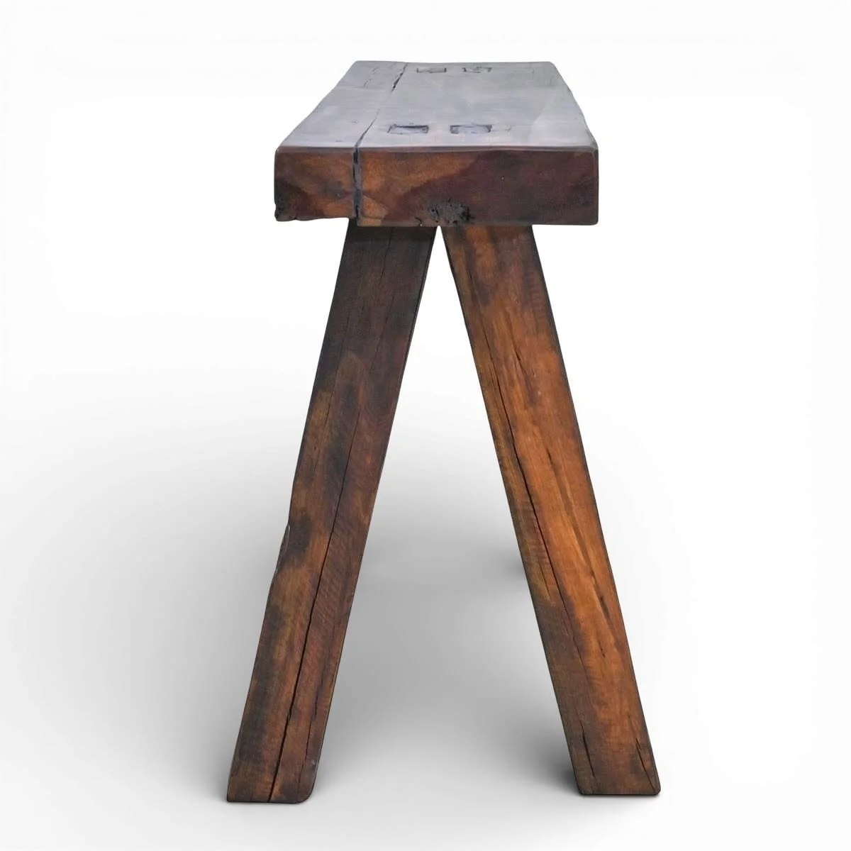 Handmade Durango carved console table with rope motif, rich dark stain, and canted legs crafted in Mexico.