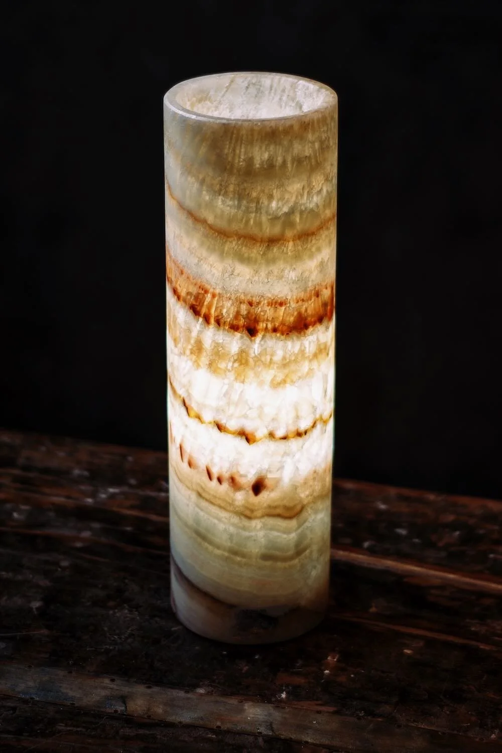 Sonoran Onyx Cylinder Lamp - 16". Hand-carved 16" cylinder lamp made from rare mined onyx. Features unique tan, brown, and gold veining.