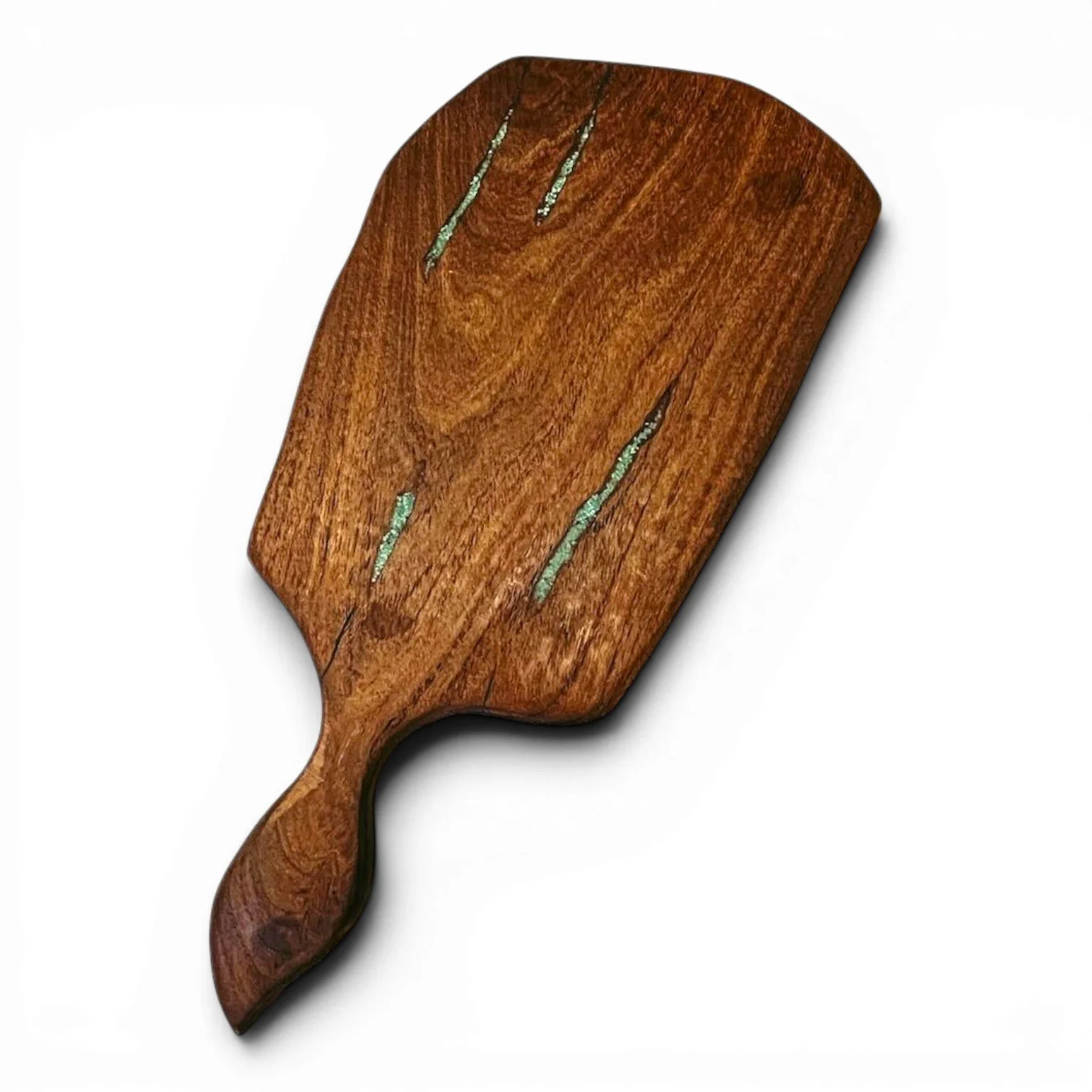 Handmade Mexican mesquite wood cutting board with turquoise inlay and natural wood grain.
