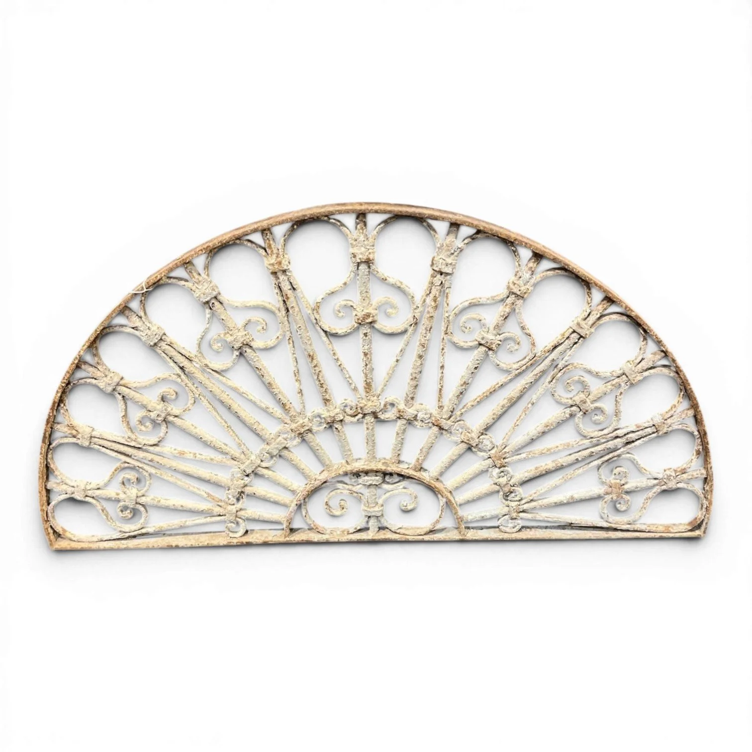 Handcrafted antique iron transom from India featuring intricate architectural ironwork and historic character.