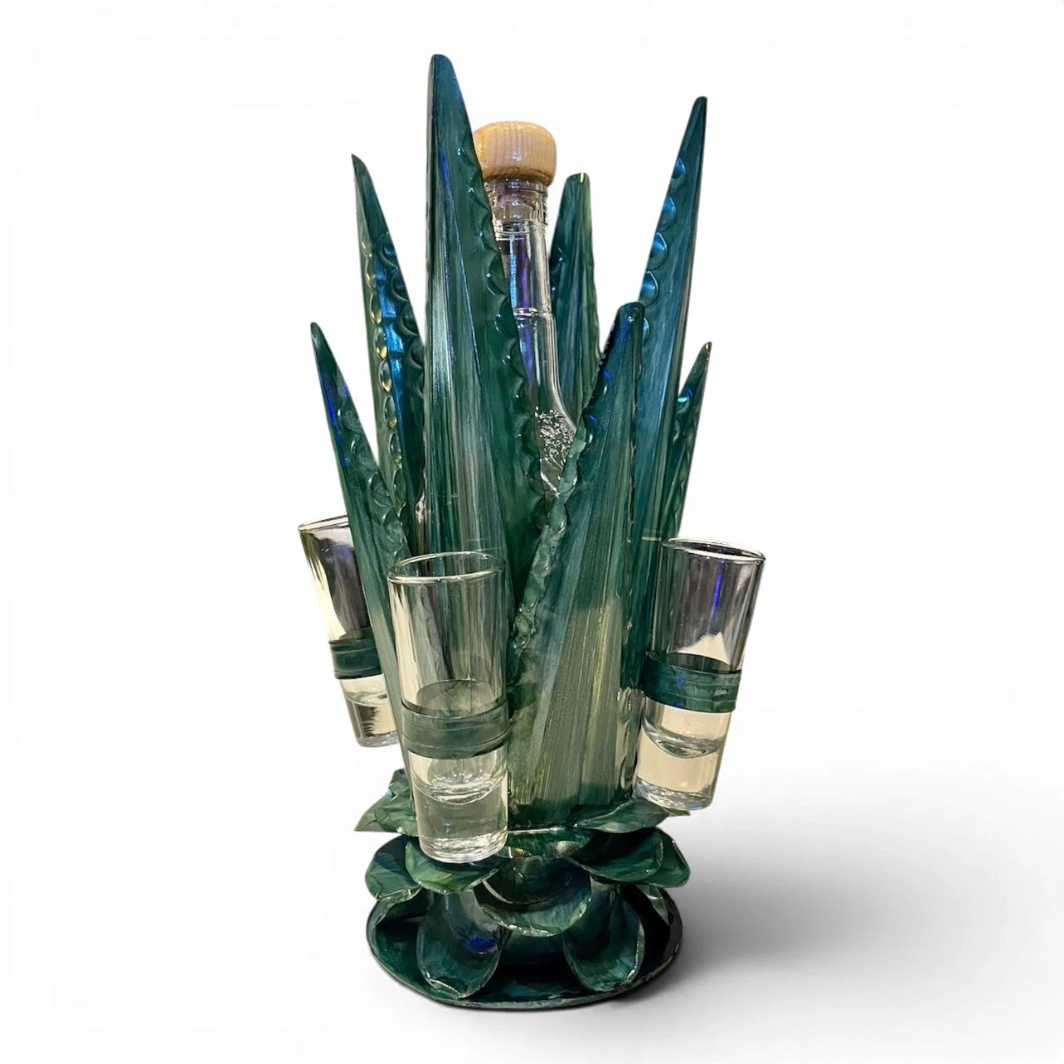 Large handmade Mexican metal agave tequila set with agave green holder, tequila bottle, and four shot glasses