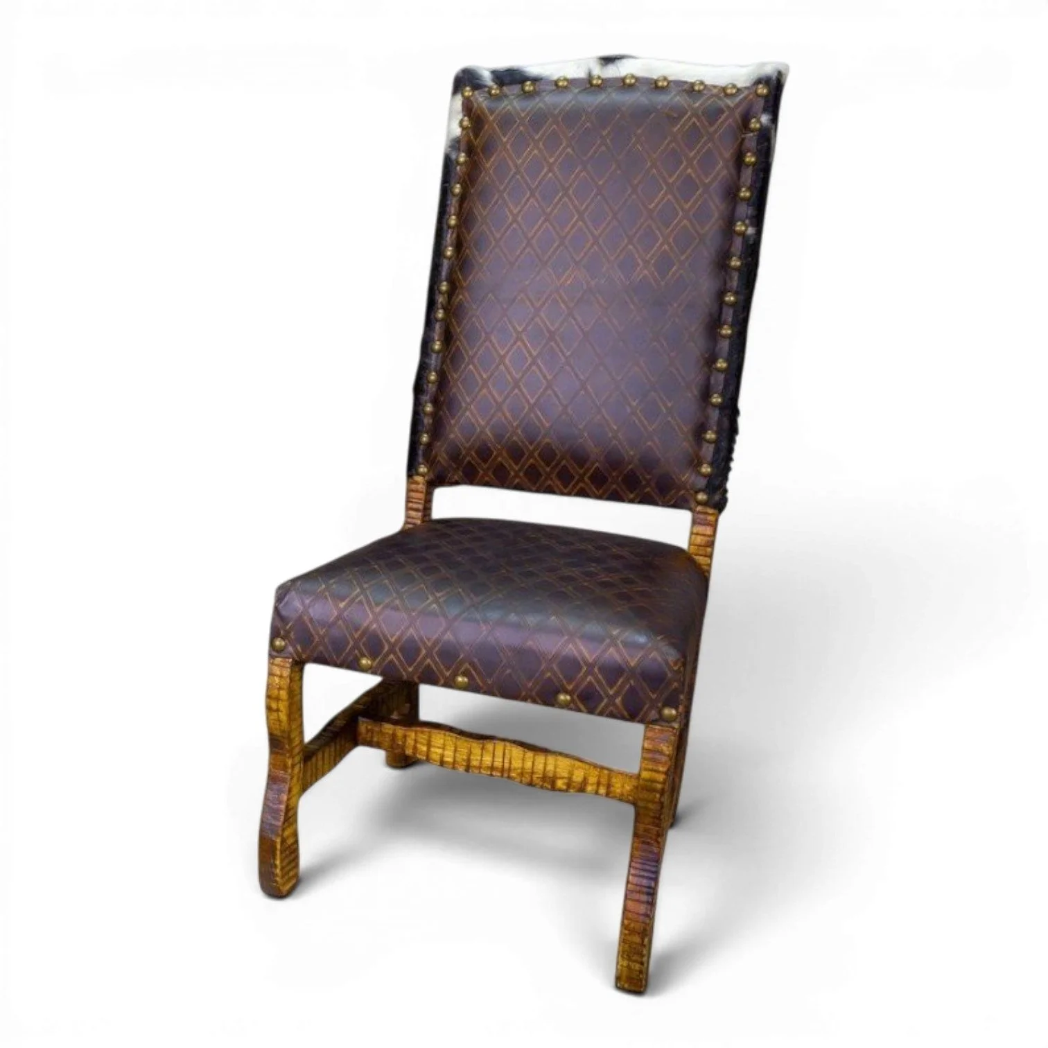Handmade Mexican reclaimed wood dining chair with Diamond Chocolate leather and genuine cowhide back