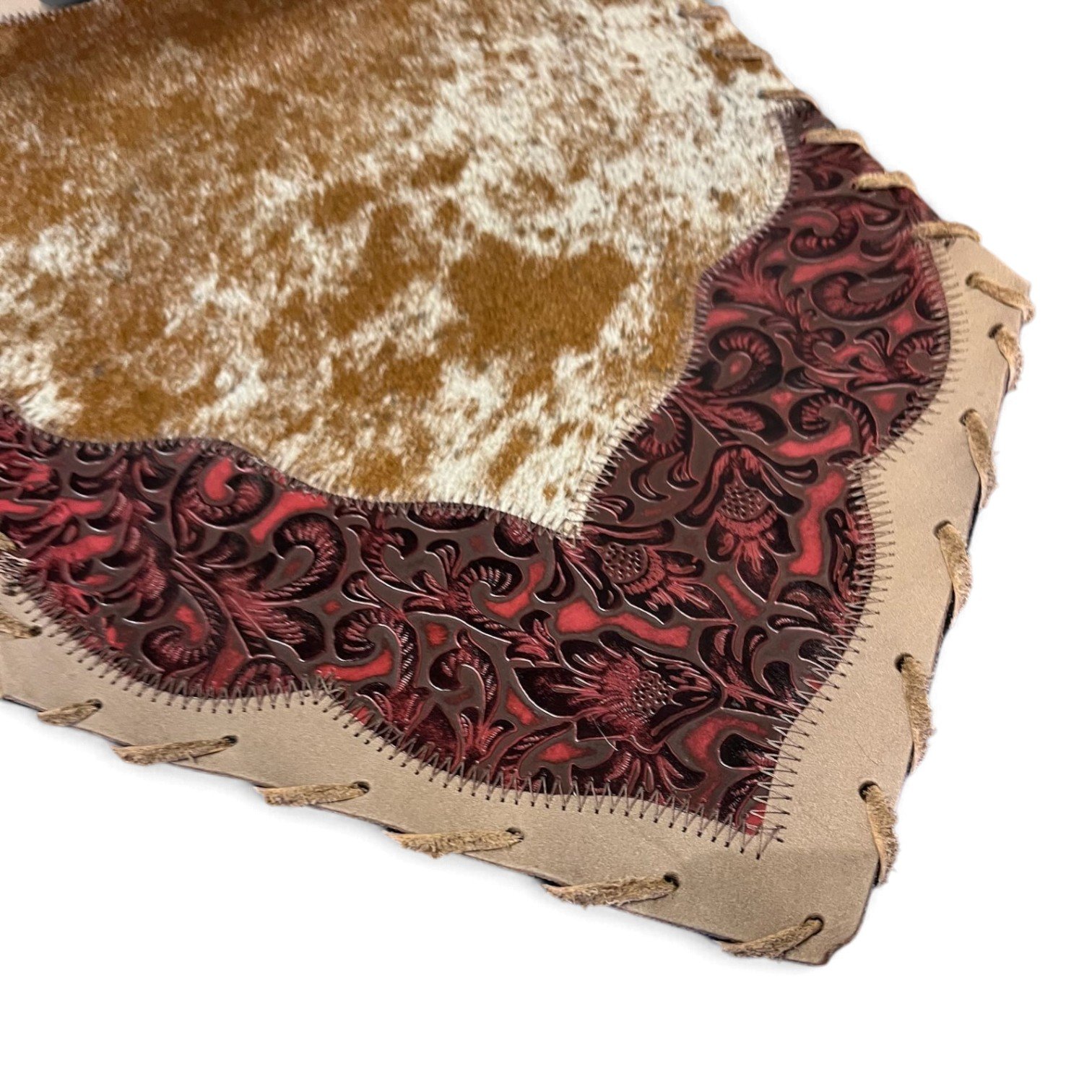 Handmade Brazilian cowhide table runner with tooled leather. - Sixteen