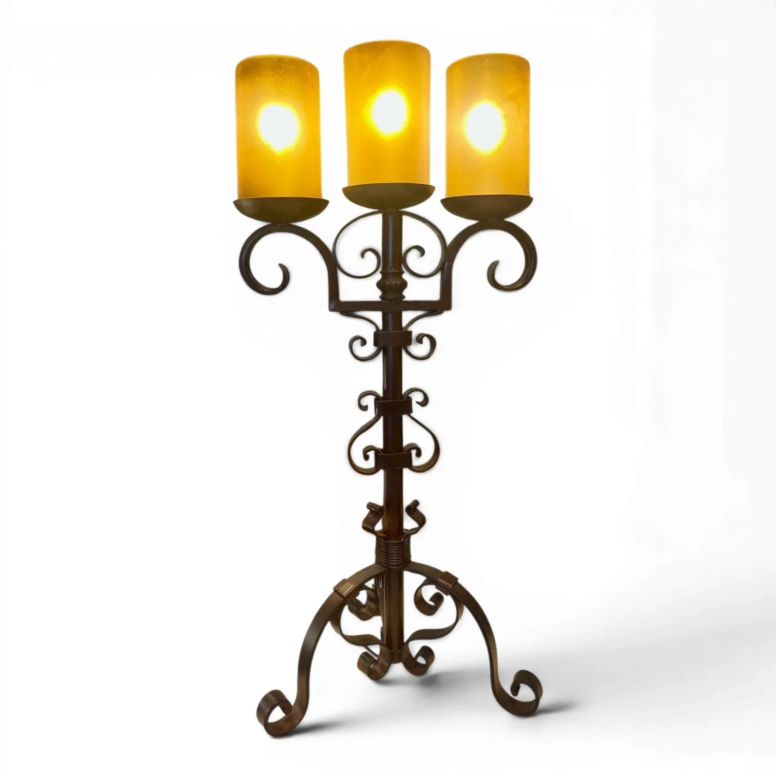 Handmade Mexican wrought iron scroll candelabra lamp with handblown amber glass shades