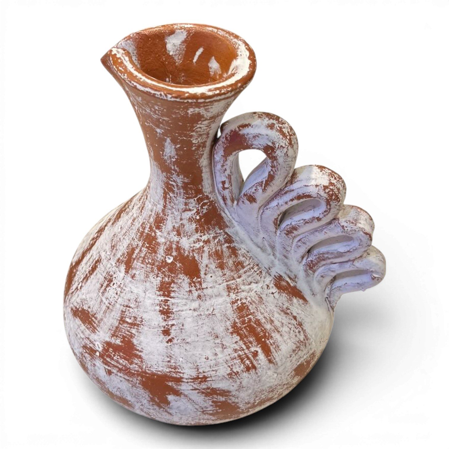 Handmade Mexican Jarra Blanca clay vase with distressed whitewashed finish, ribbon handle, and genie-style design