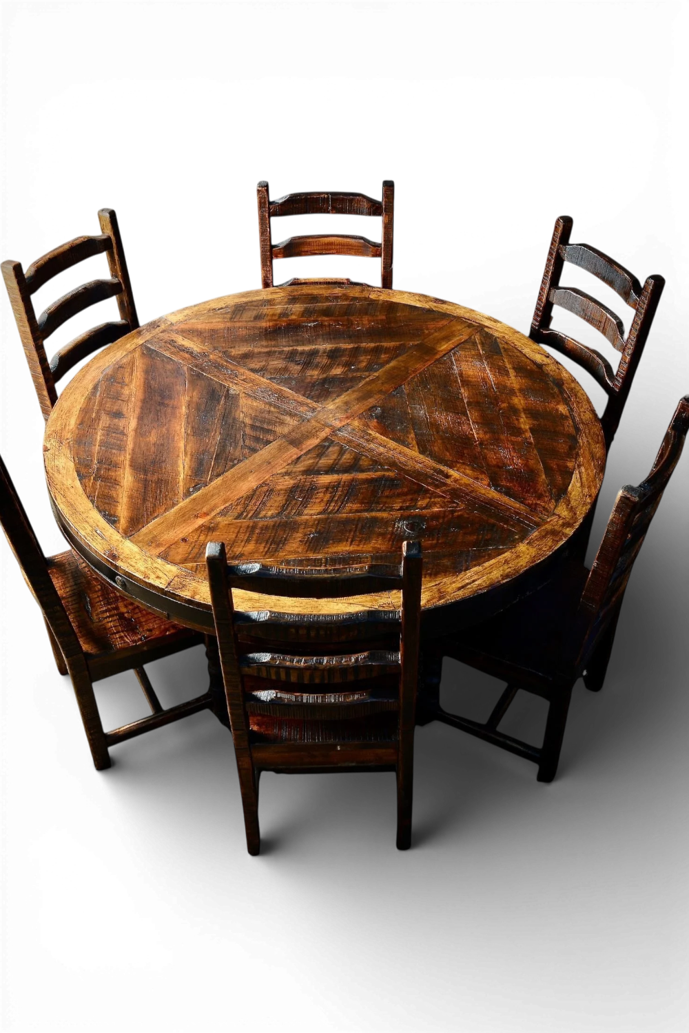 Shop a handmade round dining table from Mexico crafted from reclaimed wood. Rustic hacienda style with iron details, perfect for warm, elegant spaces.