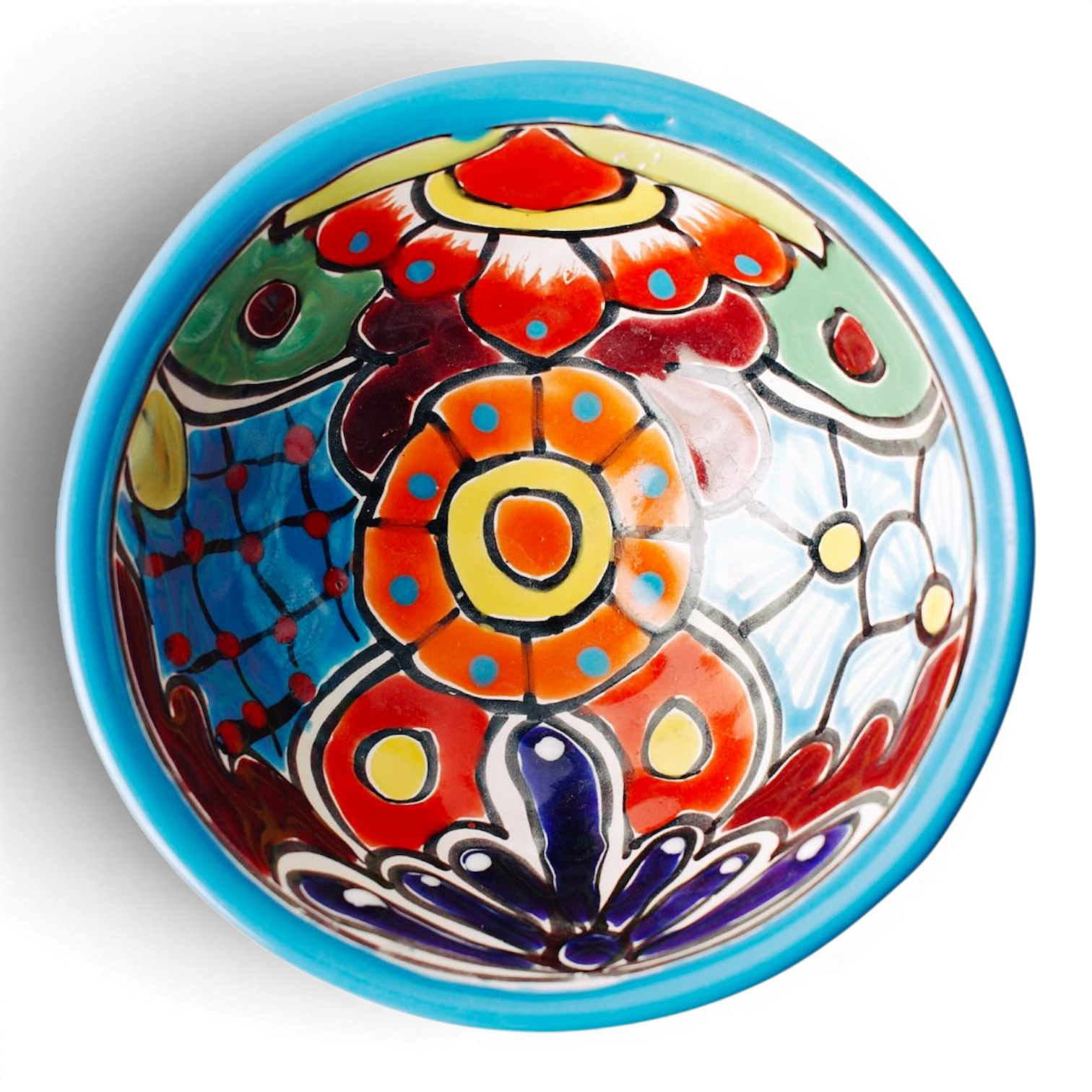 Handmade Mexican Talavera molcajete bowl with colorful hand-painted design and three-legged base