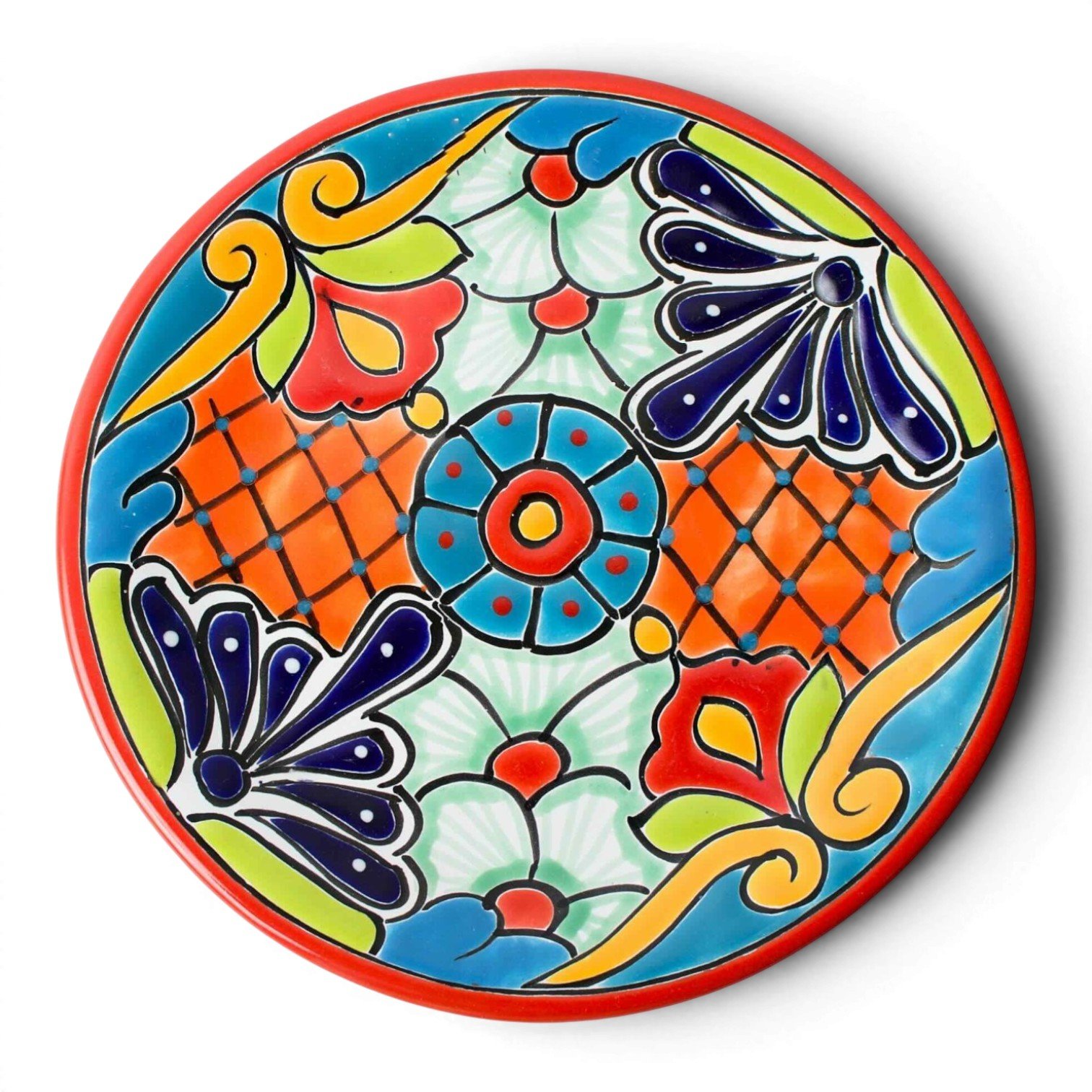 Handmade Mexican Talavera 10-inch dinner plate with colorful hand-painted design and assorted rim colors