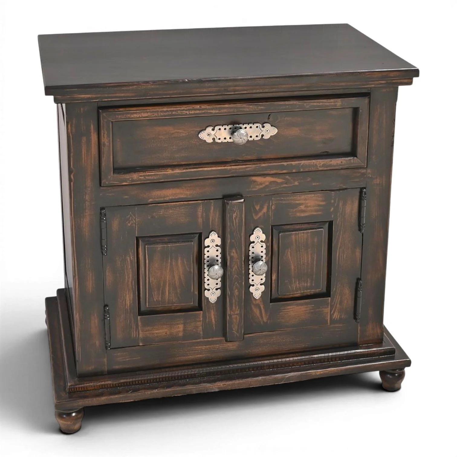 Handmade Mexican Arenas Negras two drawer nightstand with black washed finish and iron hardware