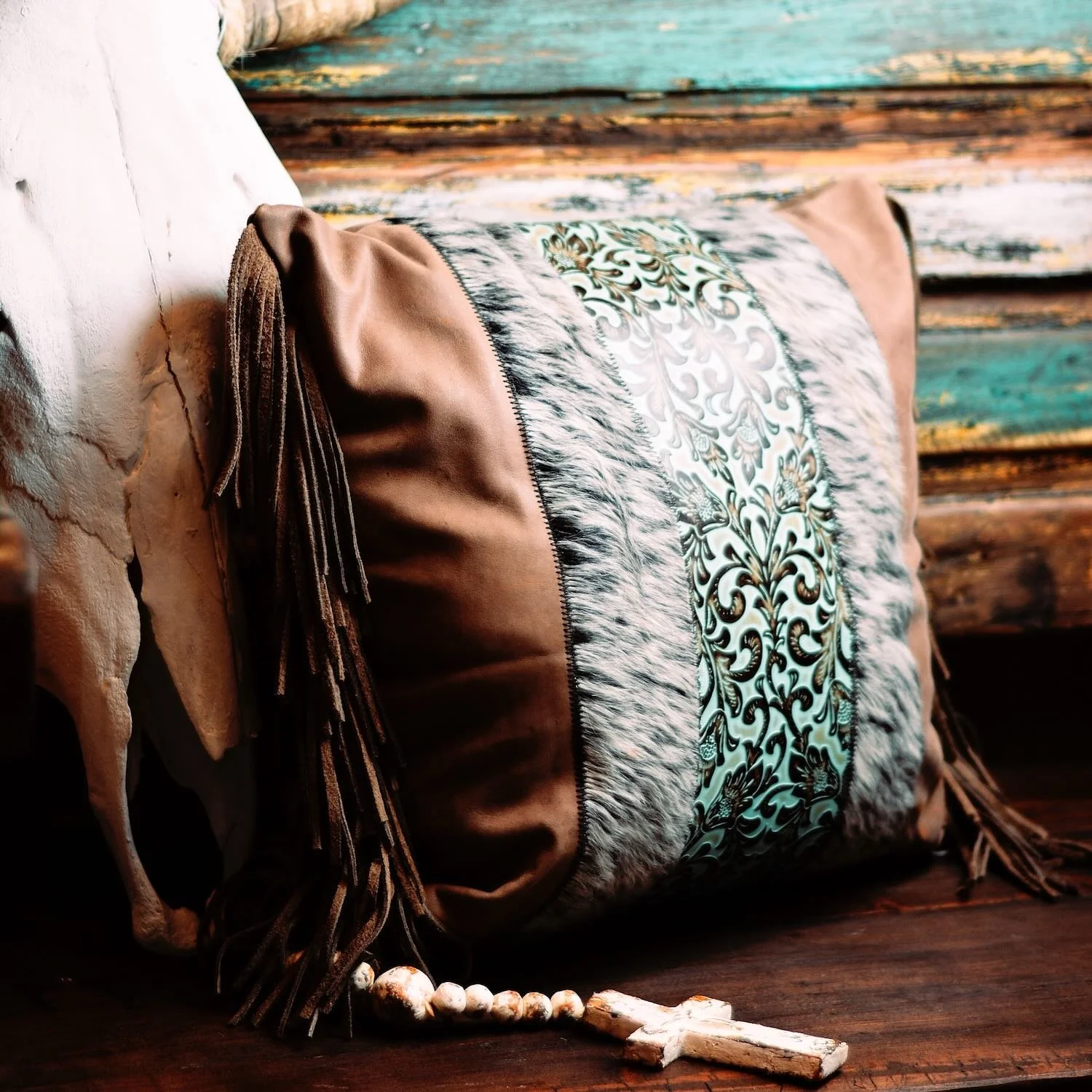 Handmade Brazilian Tombstone Pillow featuring cowhide and leather Western design, 18x18 decorative throw pillow.