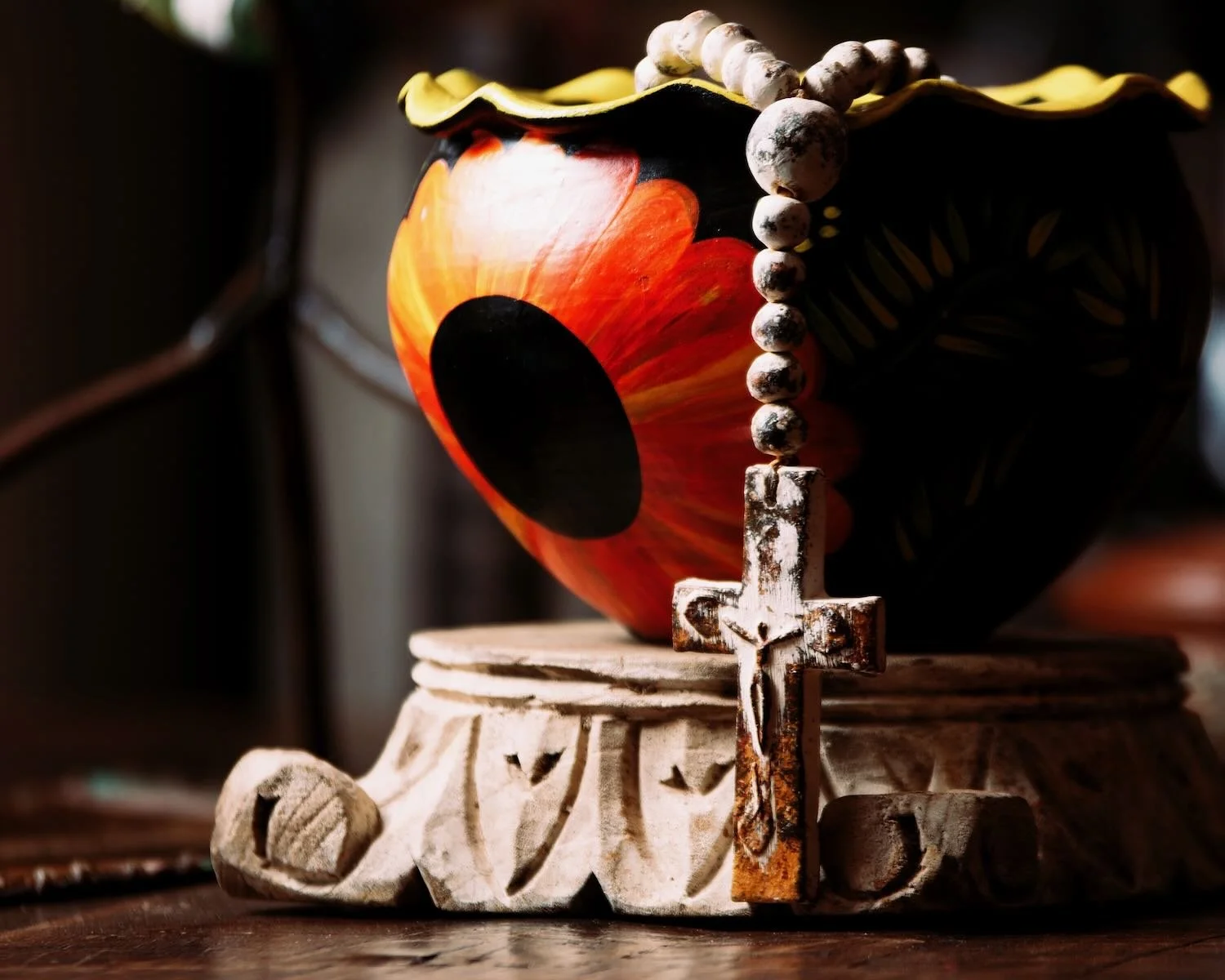 Handmade and painted Oaxaca planter and rosary beads