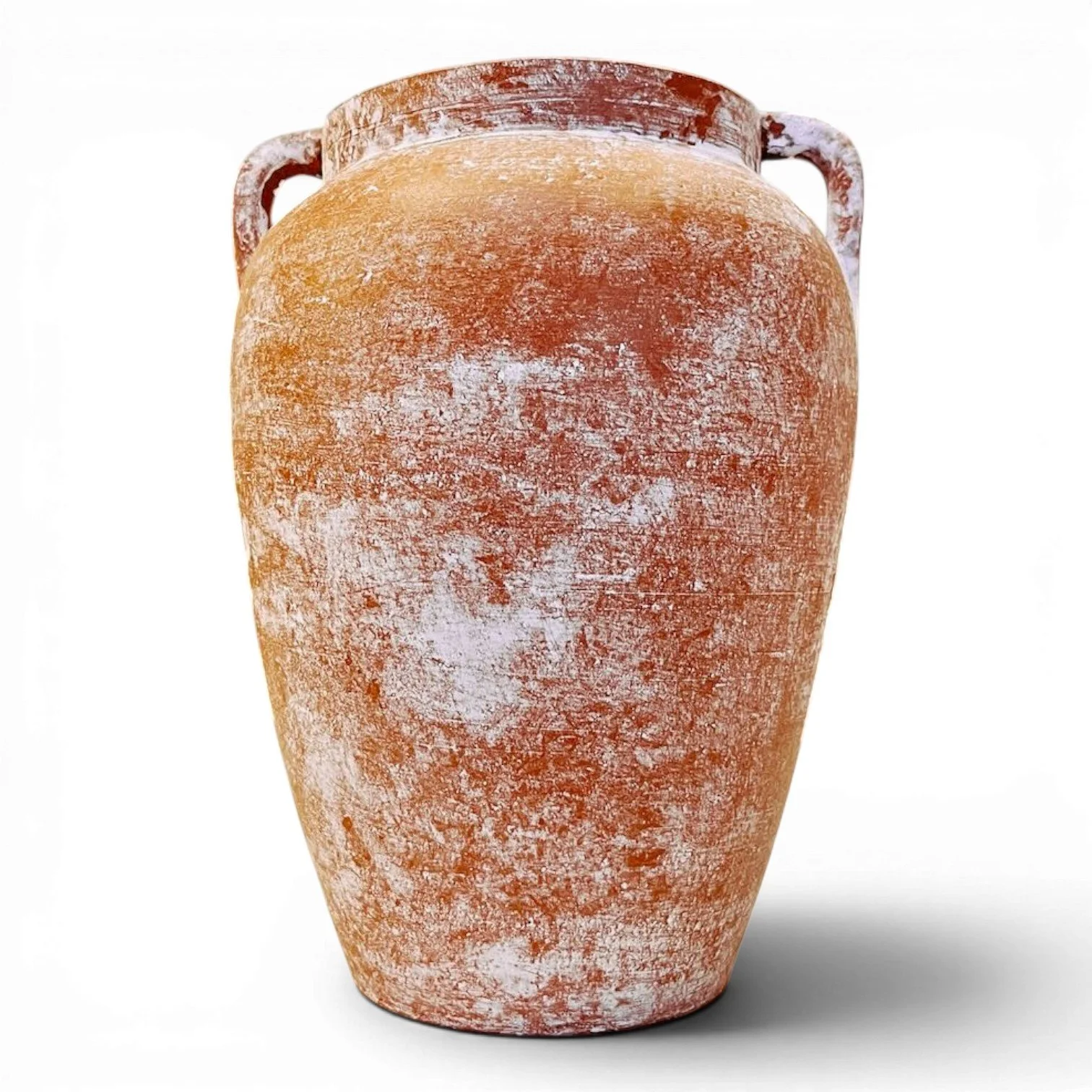 Handmade Mexican distressed terracotta clay vase with whitewashed finish and decorative handles