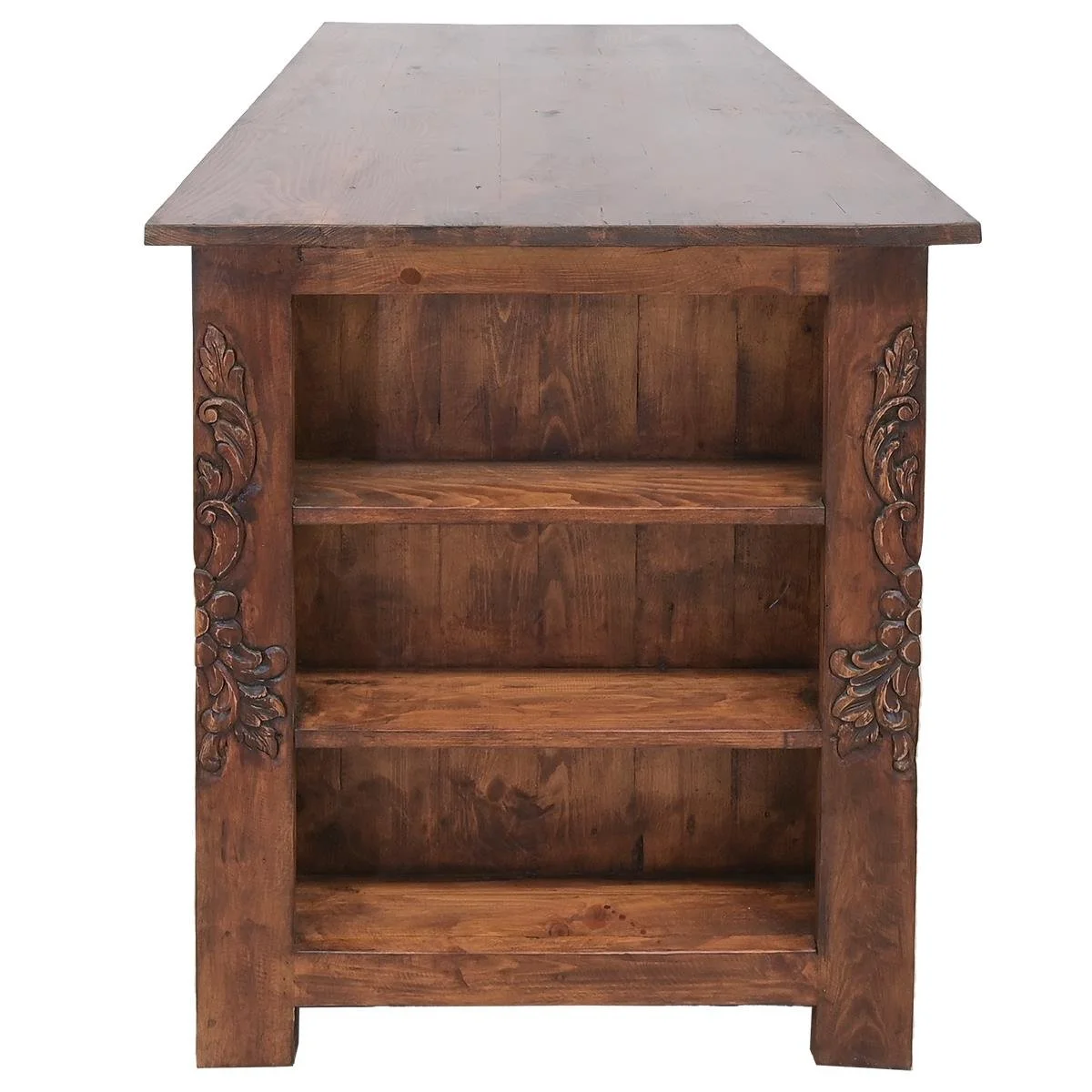 Tatum hand carved solid wood kitchen island handmade in Mexico with dark stained finish, iron hardware, three drawers, and open storage.