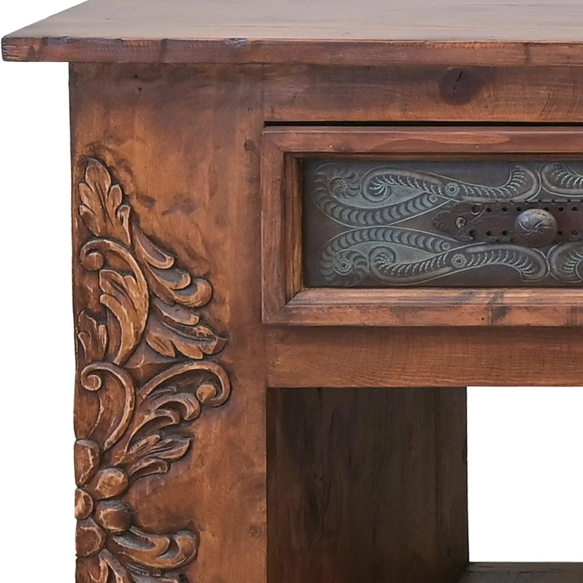 Tatum hand carved solid wood kitchen island handmade in Mexico with dark stained finish, iron hardware, three drawers, and open storage.