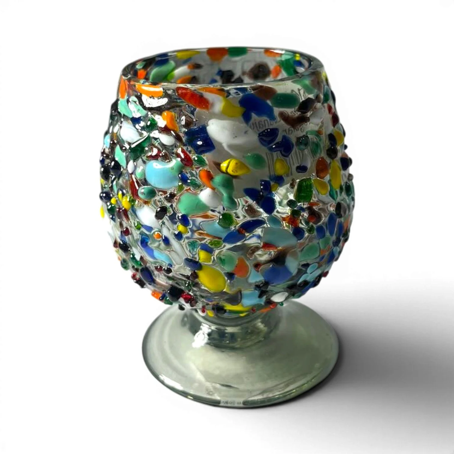 Handblown Mexican confetti glass snifter with colorful rolled glass pieces and textured artisan finish.