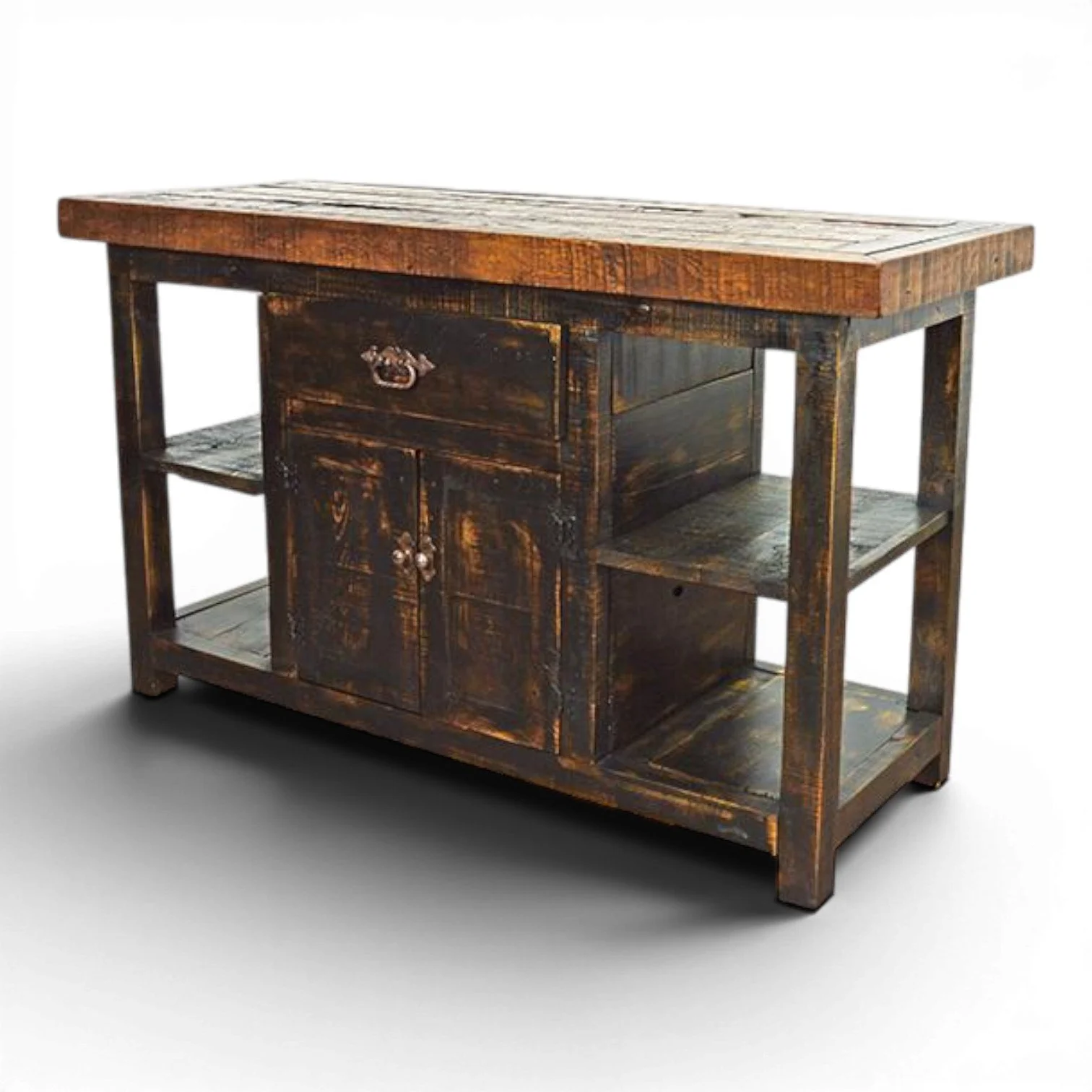 Handmade Mexican Camino kitchen island with natural slat wood top, distressed dark finish, iron hardware, and rustic storage design.
