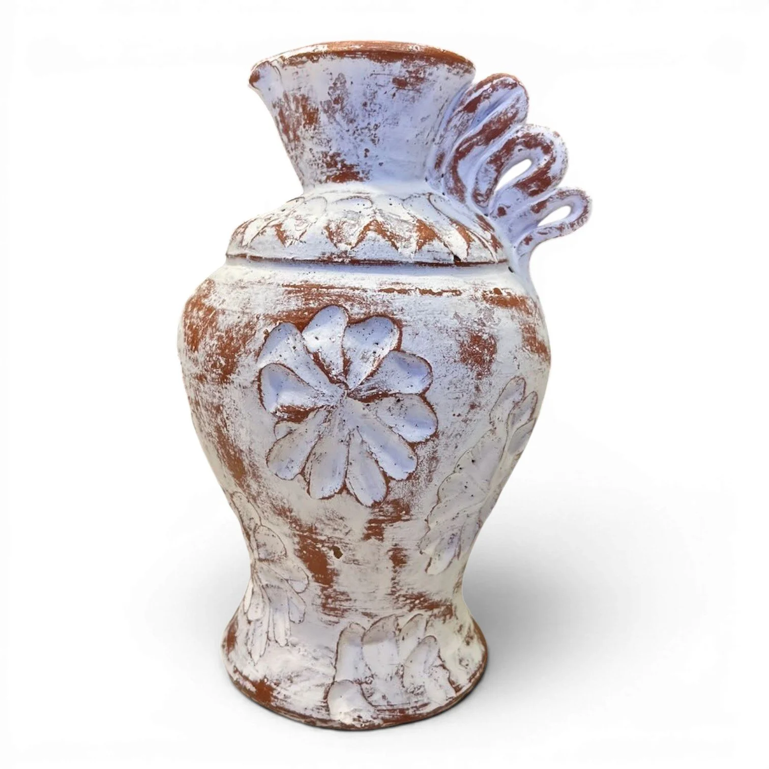 Handmade Mexican Jarra Blanca clay pitcher vase with distressed whitewashed finish, decorative flower, and ribbon handle