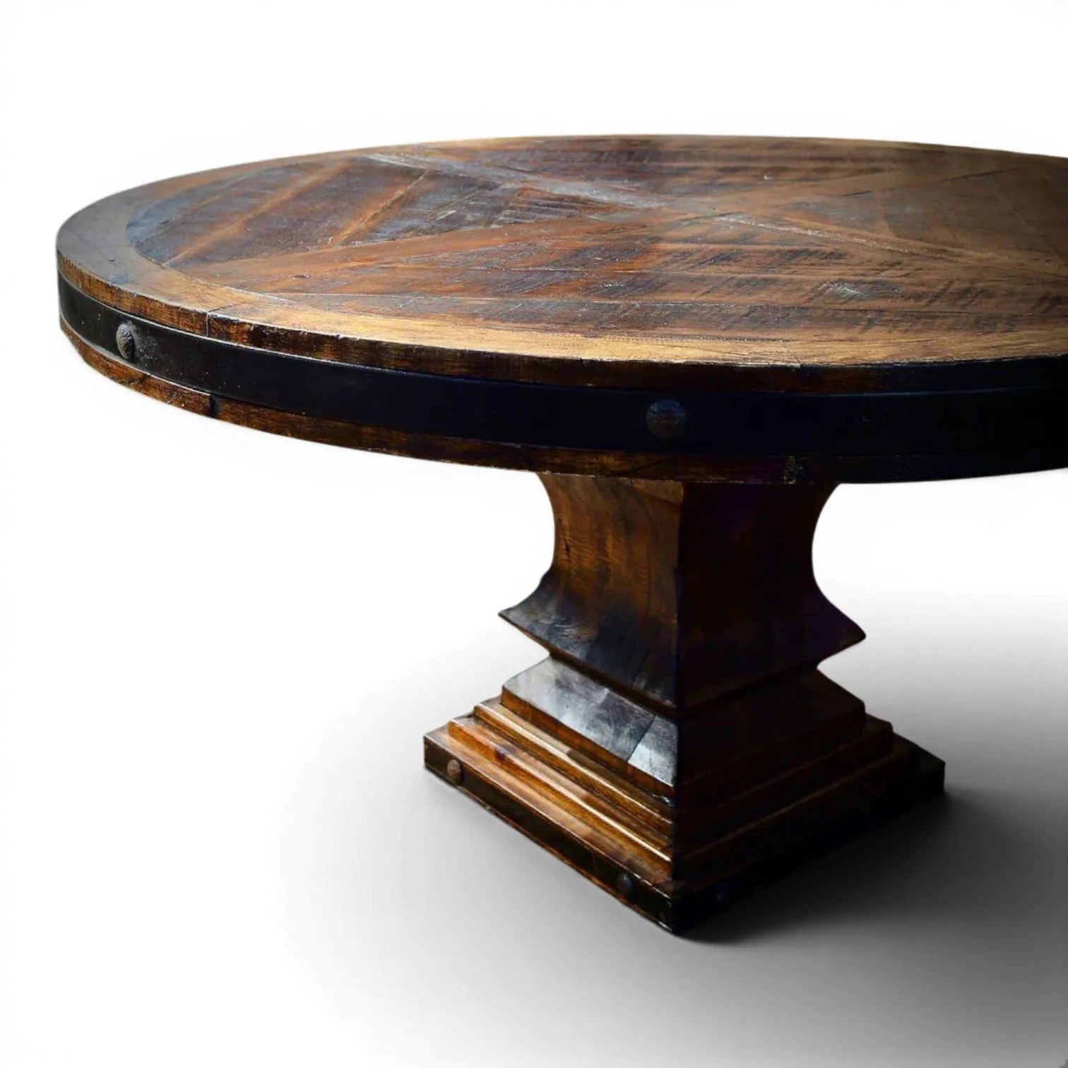 Hacienda Rustica Redonda handmade reclaimed wood dining table from Mexico with iron trim, decorative clavos, pedestal base, and rich dark stained finish.