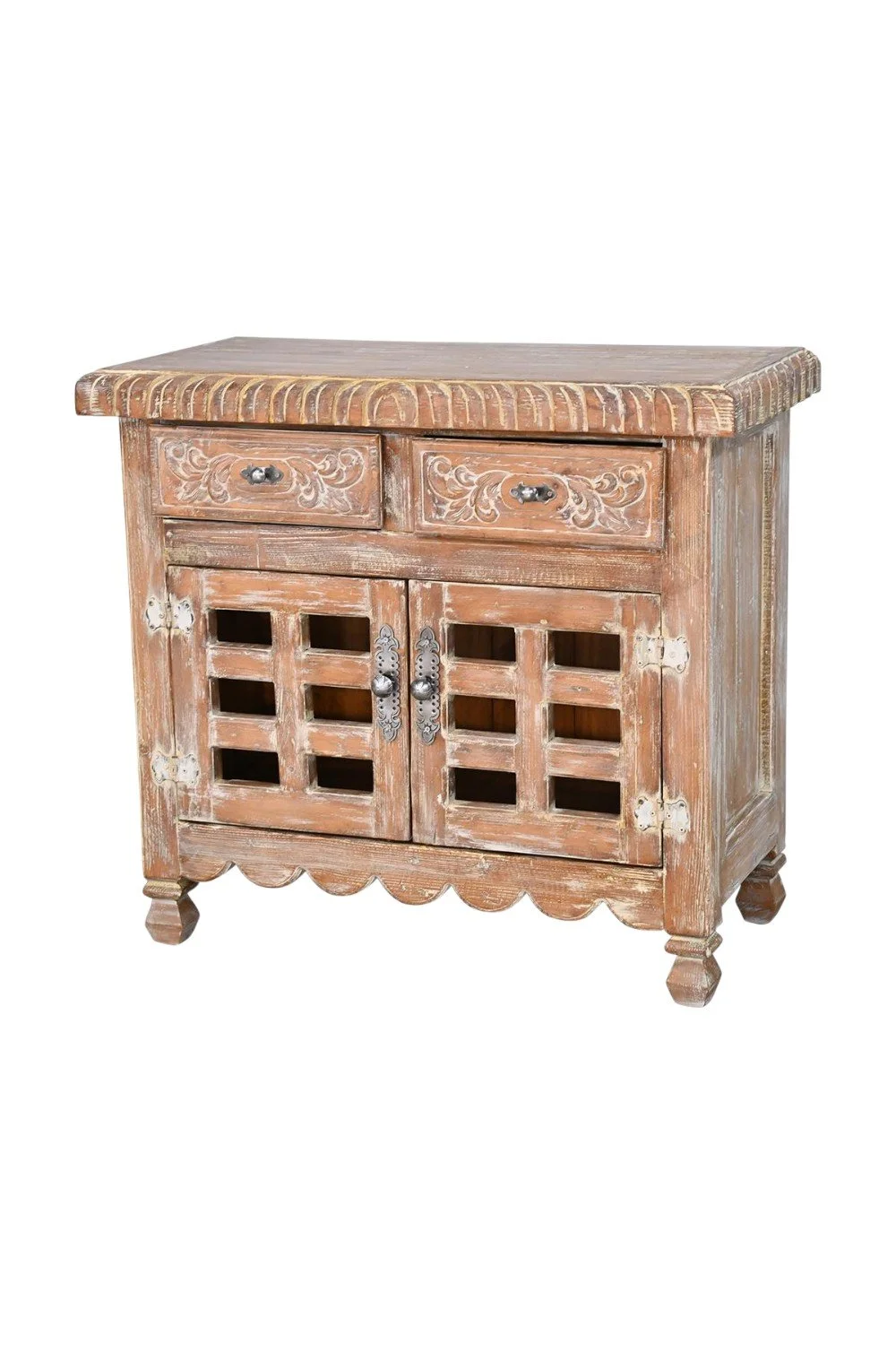 Shop the Klondike Cabinet handmade in Mexico. White washed solid wood cabinet with carved details, drawers, and rustic iron hardware.