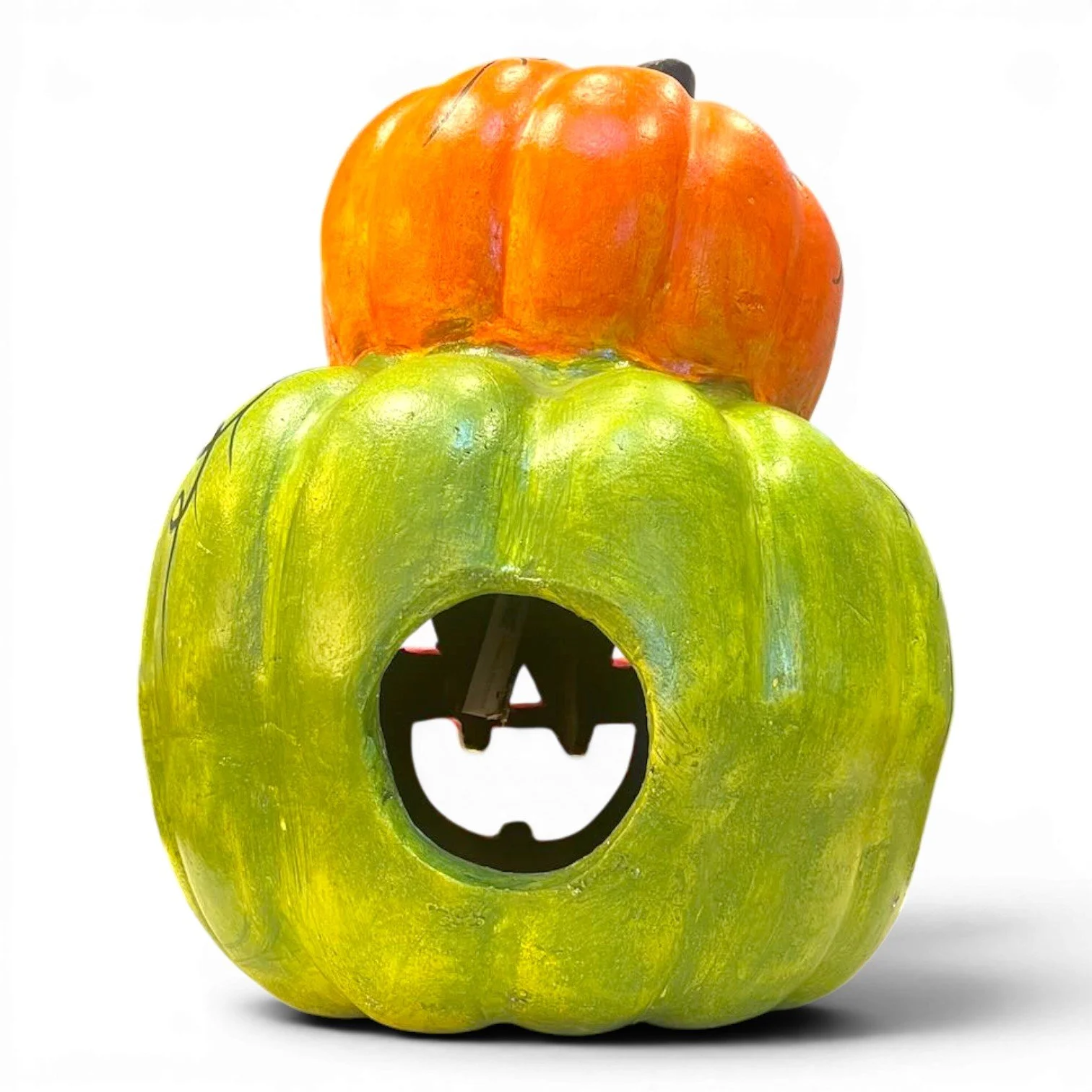 Handmade Mexican double clay jack-o’-lantern with hand-painted spider and web design