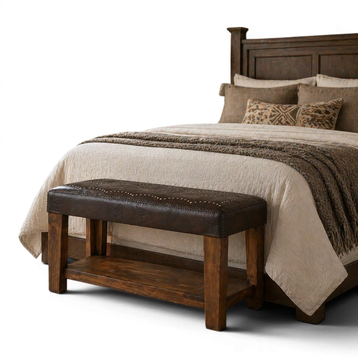 Handmade Mexican stitched leather bench with solid wood frame
