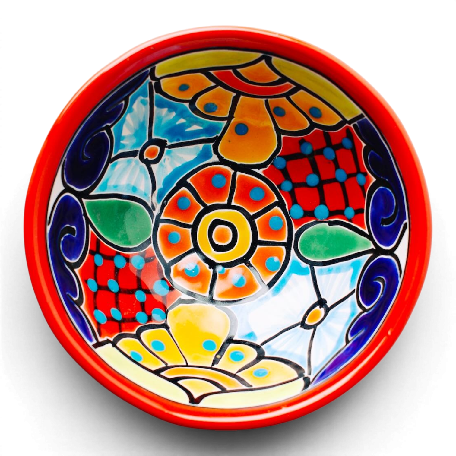 Handmade Mexican Talavera molcajete bowl with colorful hand-painted design and three-legged base