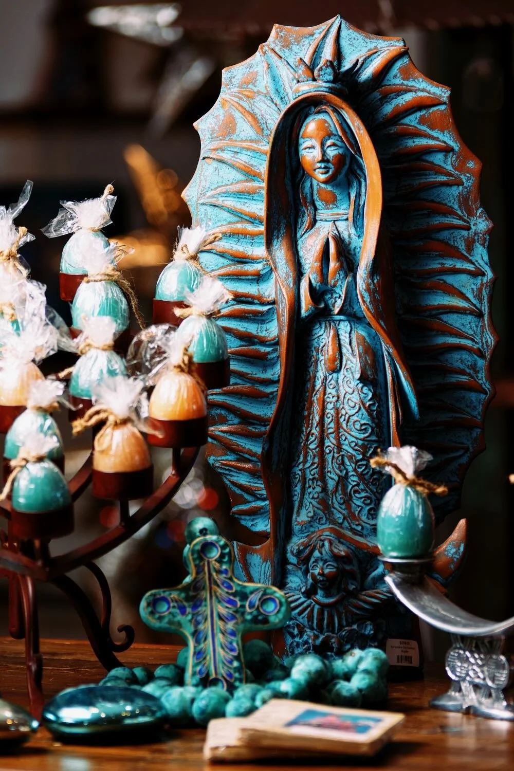 Blue Clay Guadalupe and Rosary Beads from Mexico