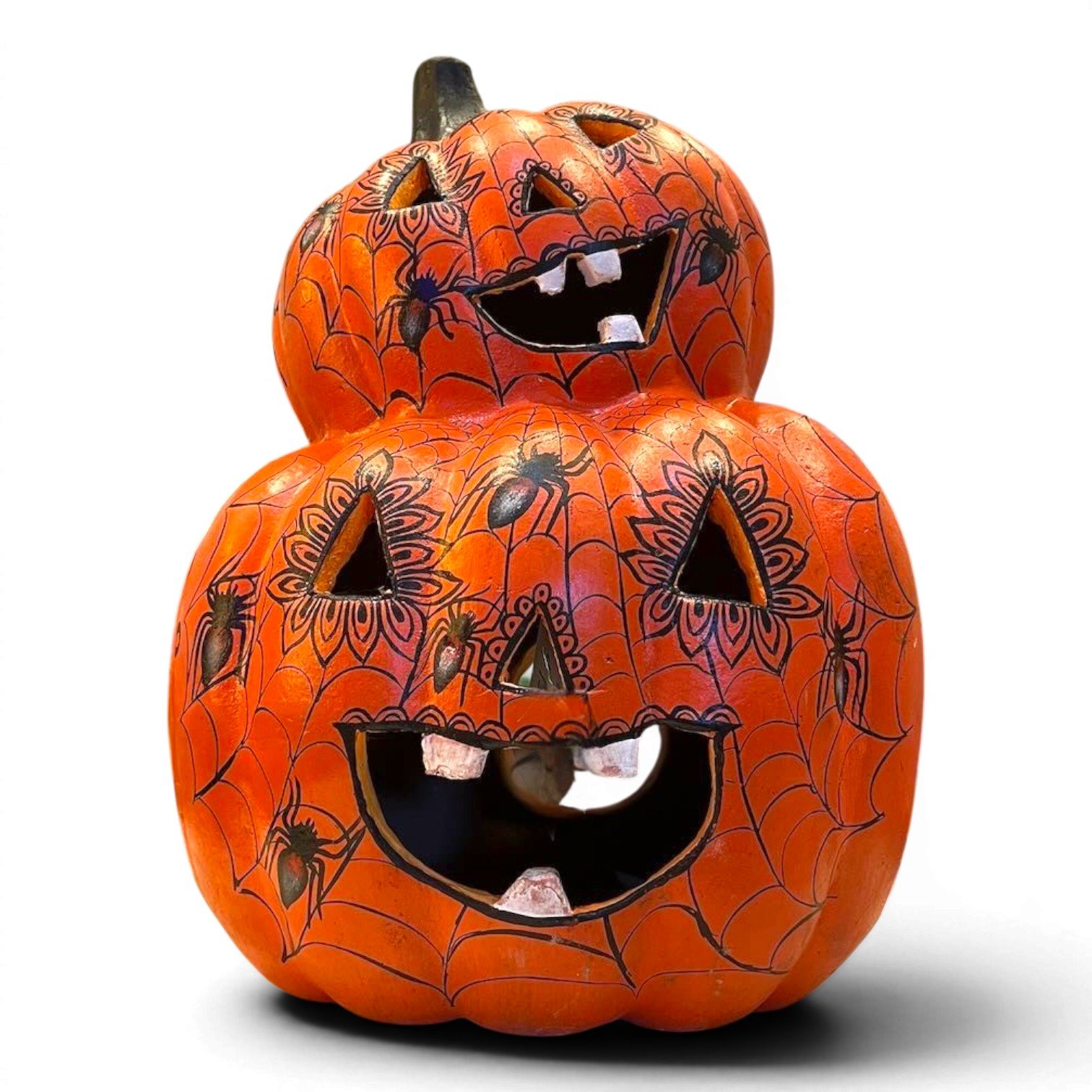 Clay Double Jack-o’-Lantern with Spiders | Handmade Mexican Halloween Décor
