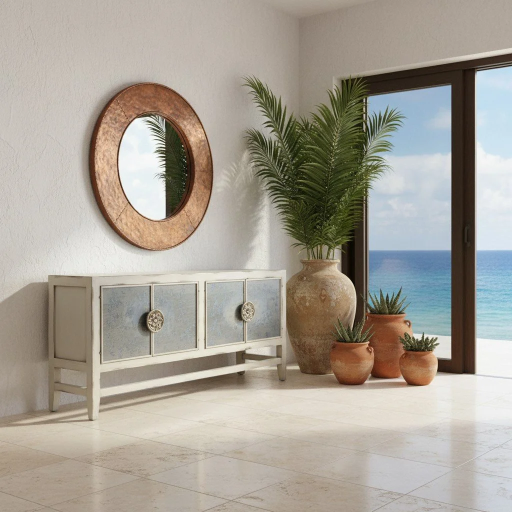 Handmade Peruvian Santana Buffet with off-white wood frame and aged glass doors
