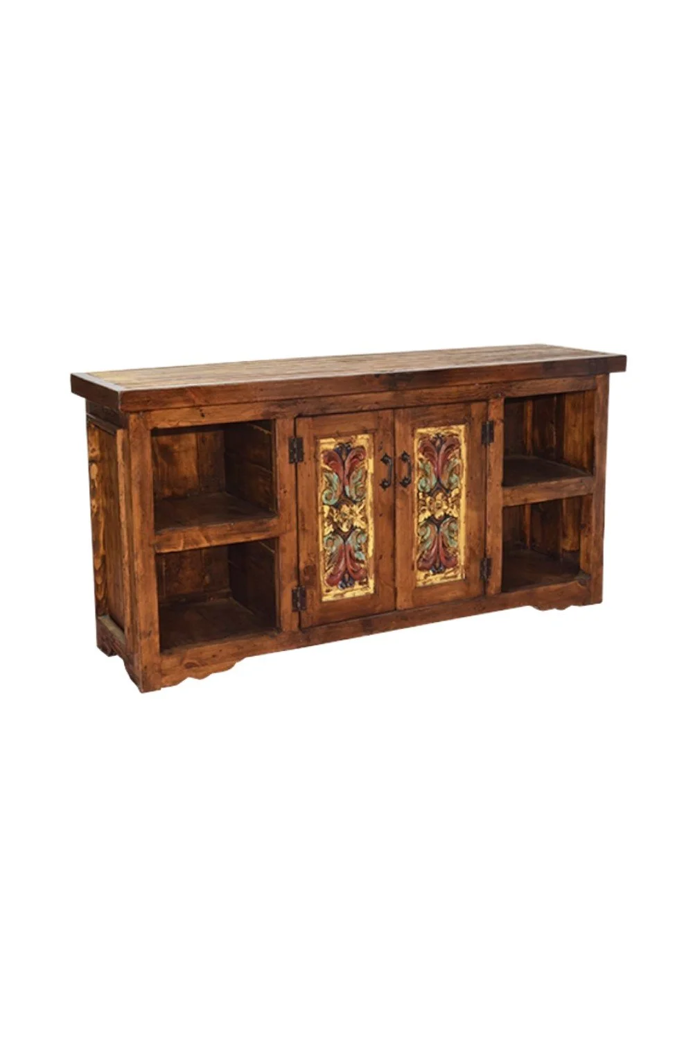 Shop the Palmillas Console handmade in Mexico. Hand-carved and hand-painted wood console with iron hardware, shelves, and rustic artisan design.