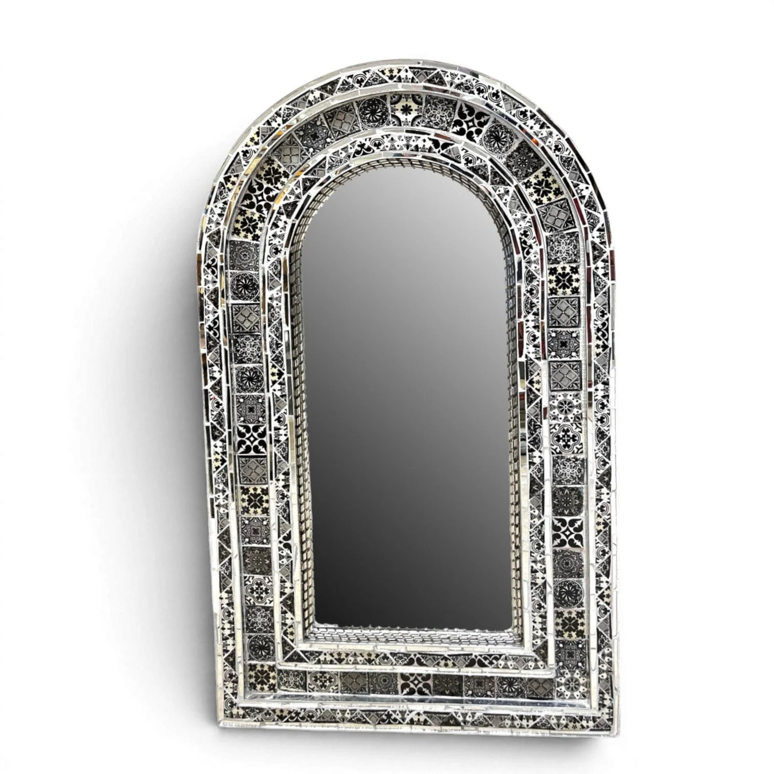 Handmade Mexican Plata Elegante Talavera Mirror with black and white tile design and silver frame