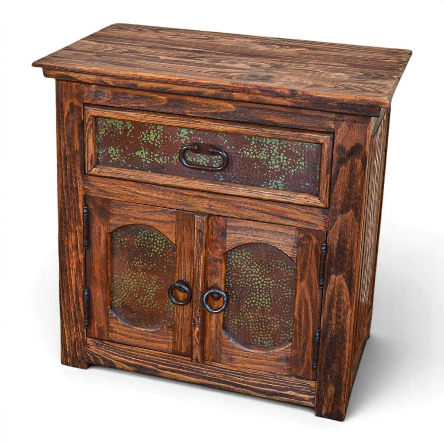 Handmade San Felipe wood top nightstand with solid wood construction, one drawer, two doors, iron hardware, and rustic carved detailing crafted in Mexico.