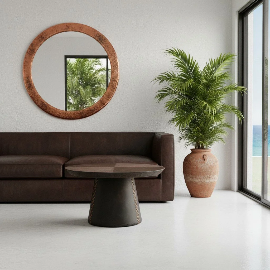 Handmade round coffee table with dark wood top and leather-wrapped stitched base