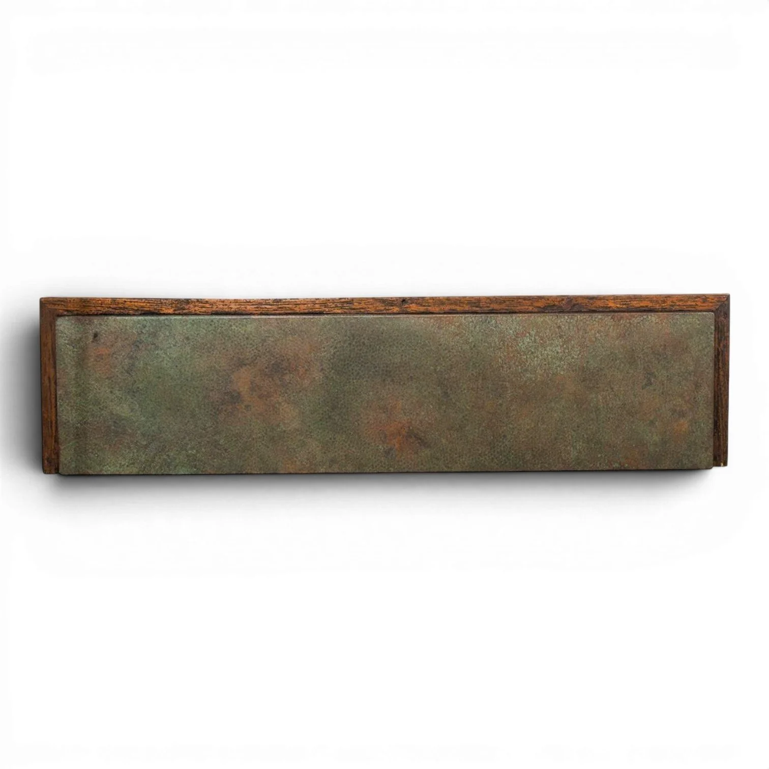 Handmade San Felipe copper sofa table with hand-pounded copper top, carved wood details, decorative clavos, and open shelf.