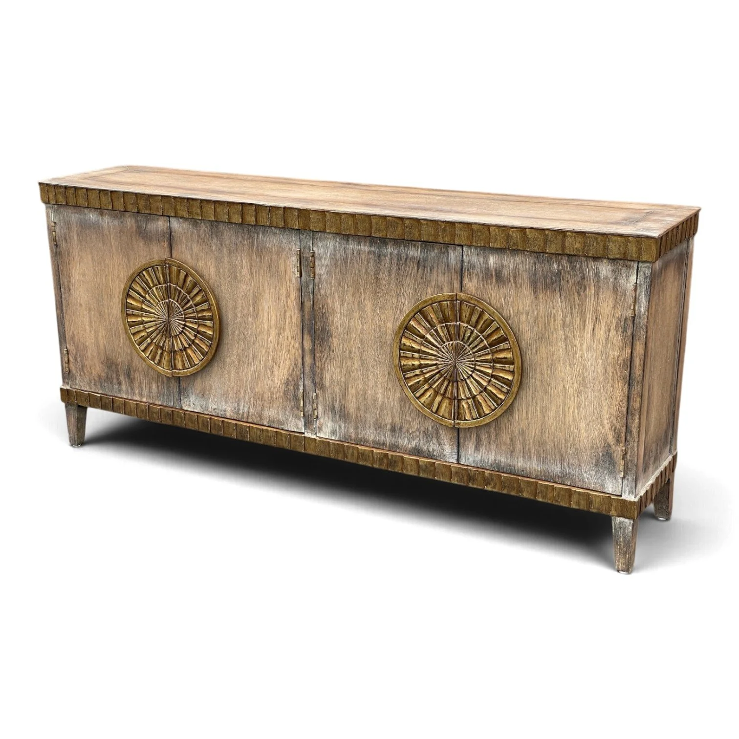 Handmade Peruvian Sebastiana Buffet with distressed warm finish, black accents, and carved gold handles