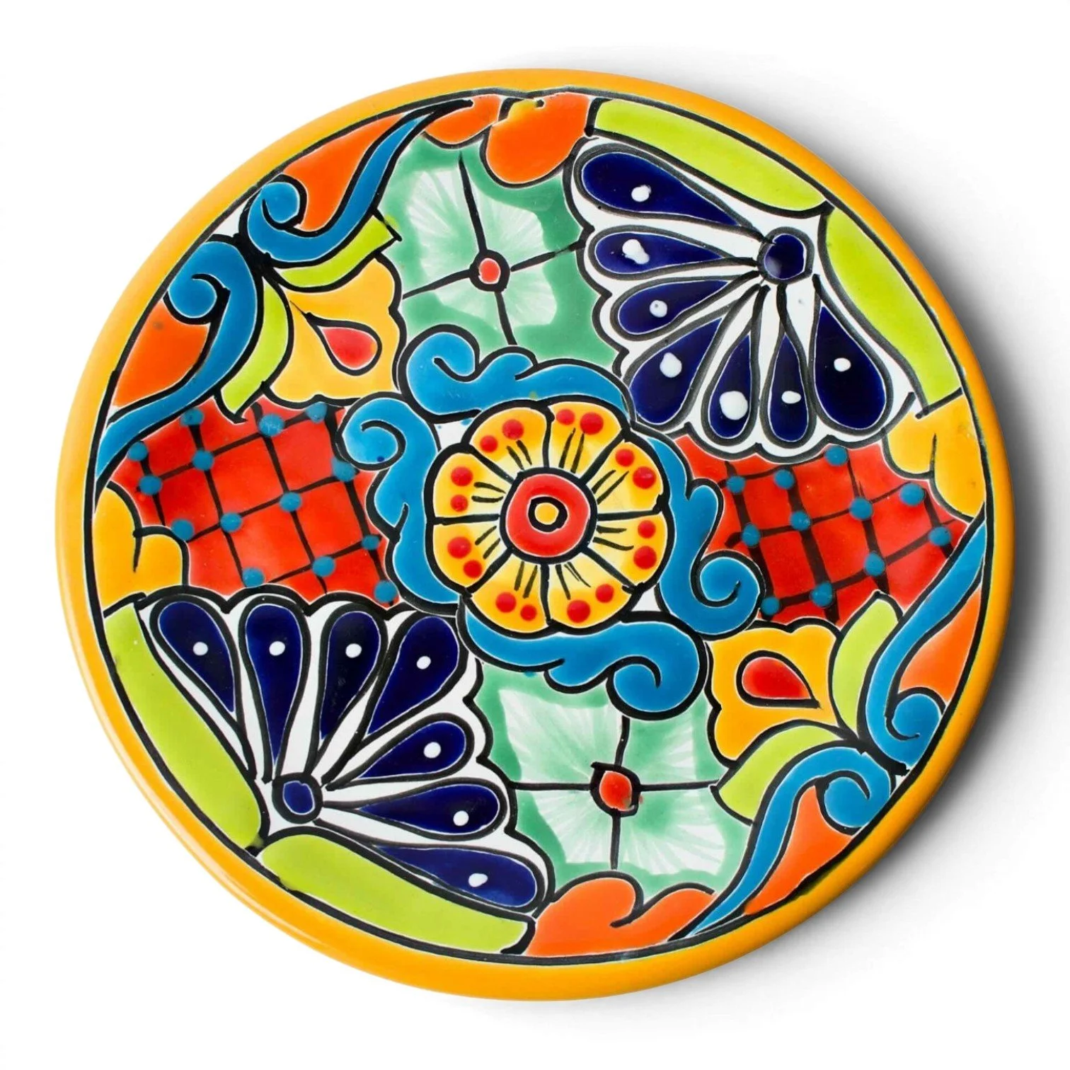 Handmade Mexican Talavera 10-inch dinner plate with colorful hand-painted design and assorted rim colors