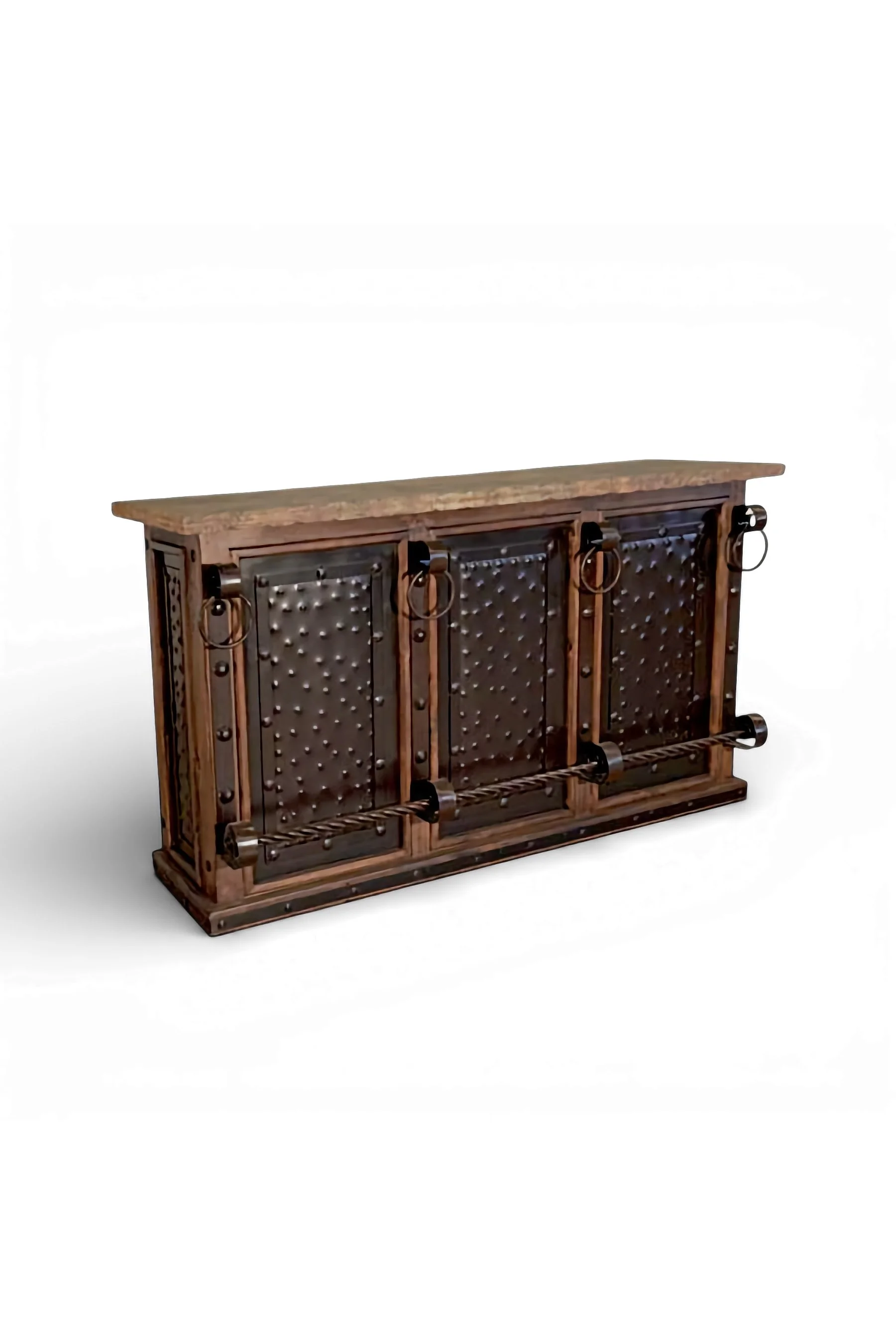 Shop a handmade stone top bar from Mexico. Rustic wood with metal panels, storage, and iron accents for stylish entertaining spaces.