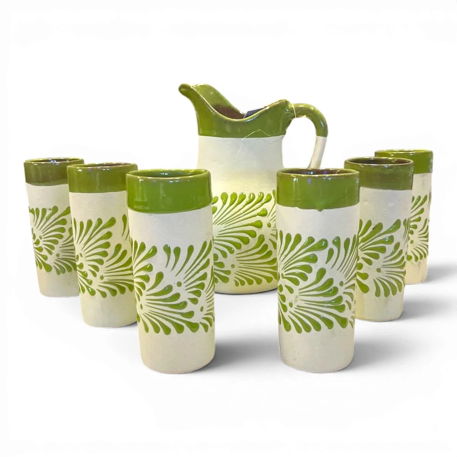 Handmade Mexican barro pitcher and six tumbler set with hand-painted avocado-style Talavera design and glazed rims.