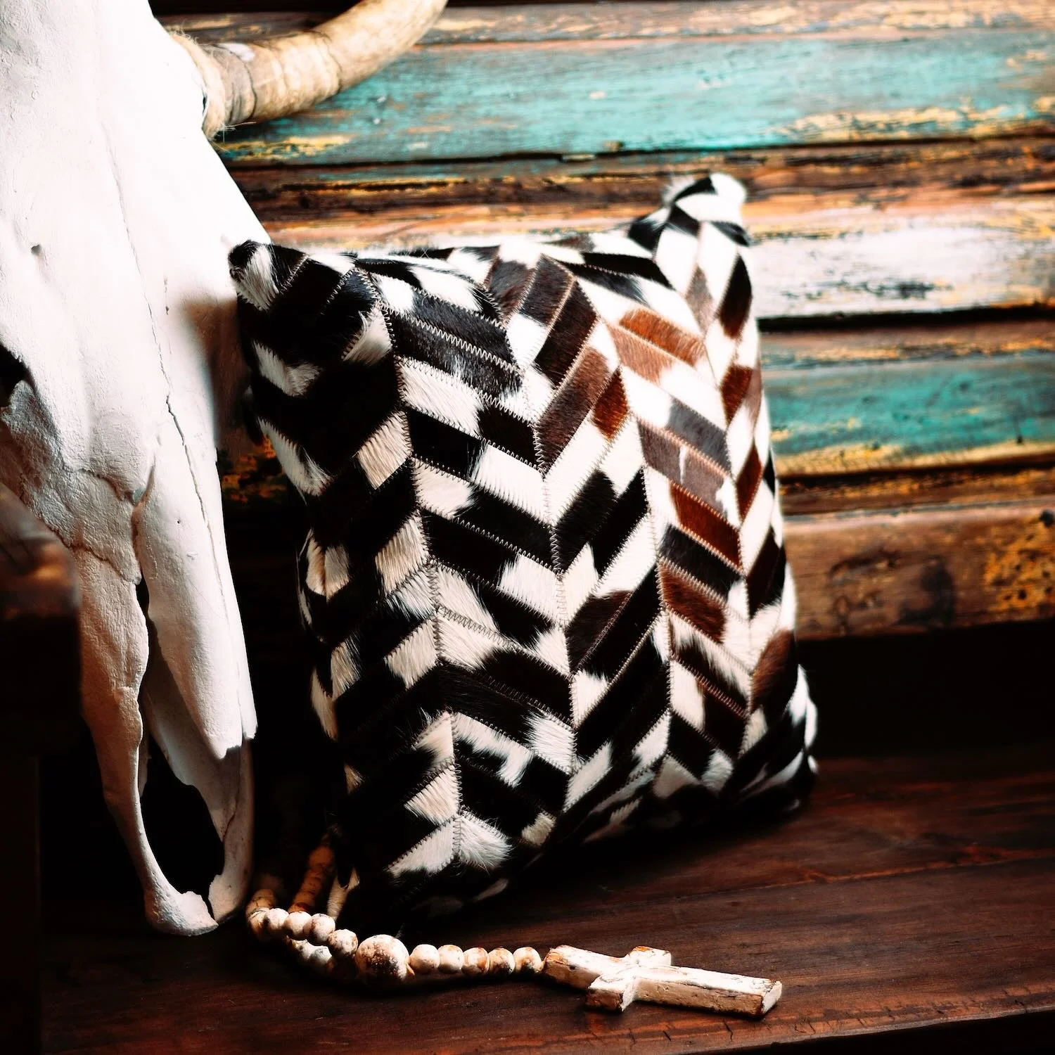Handmade Brazilian Tombstone Pillow featuring cowhide and leather Western design, 18x18 decorative throw pillow.